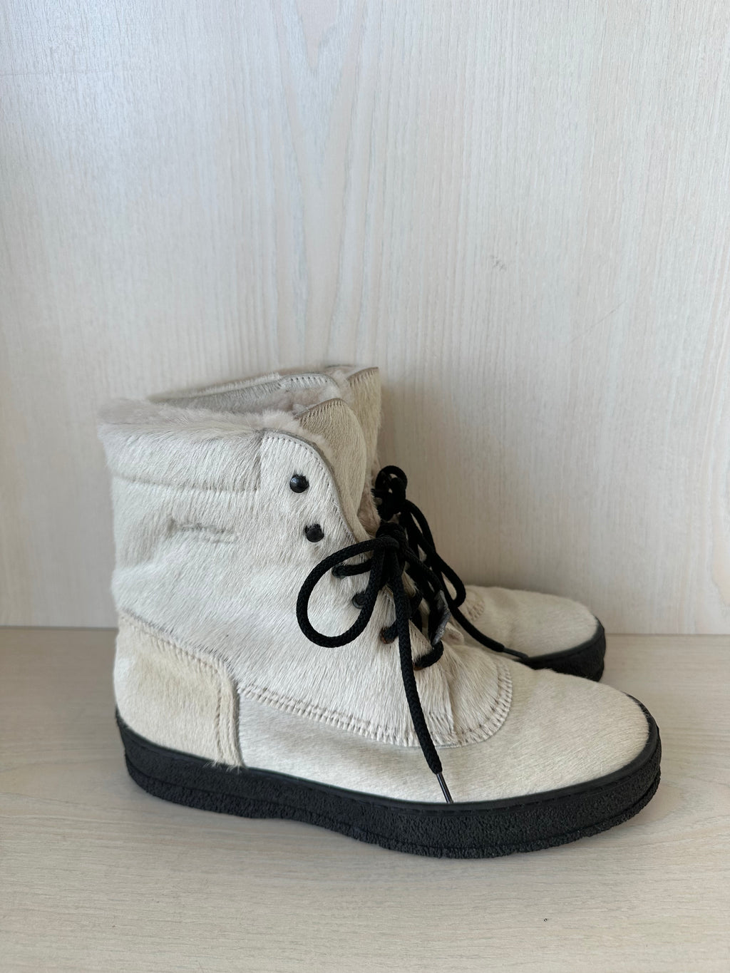Ammann Cow Print Schnürstiefel EU 39 Creme/Schwarz Leder Ziegenhaar Sehr Gut