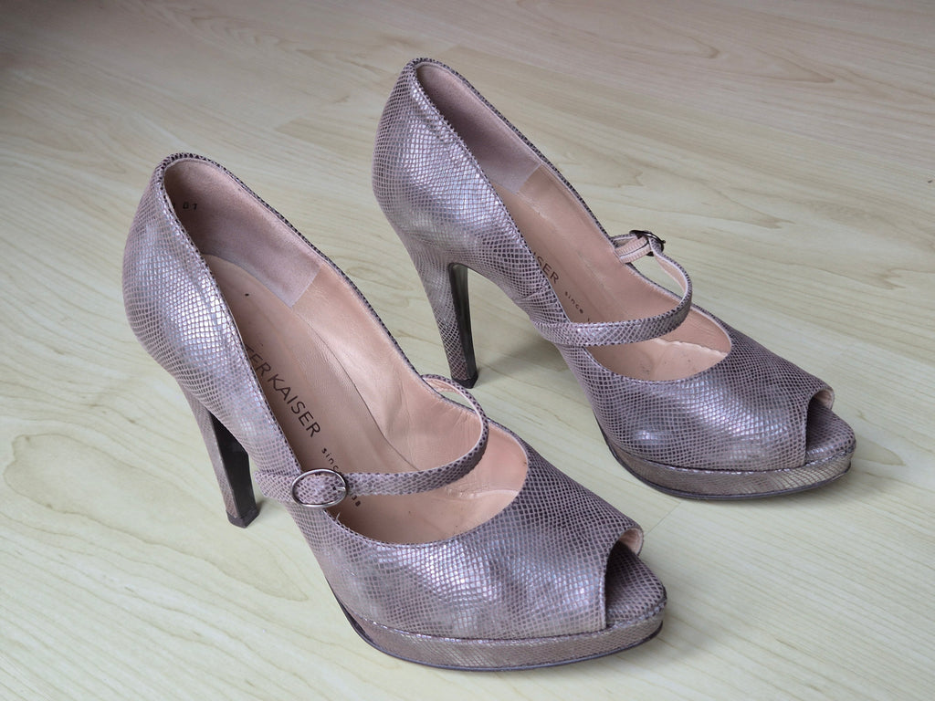 Peter Kaiser Peep-Toe High Heels, geprägtes Leder, Silber, UK 4.5, guter Zustand