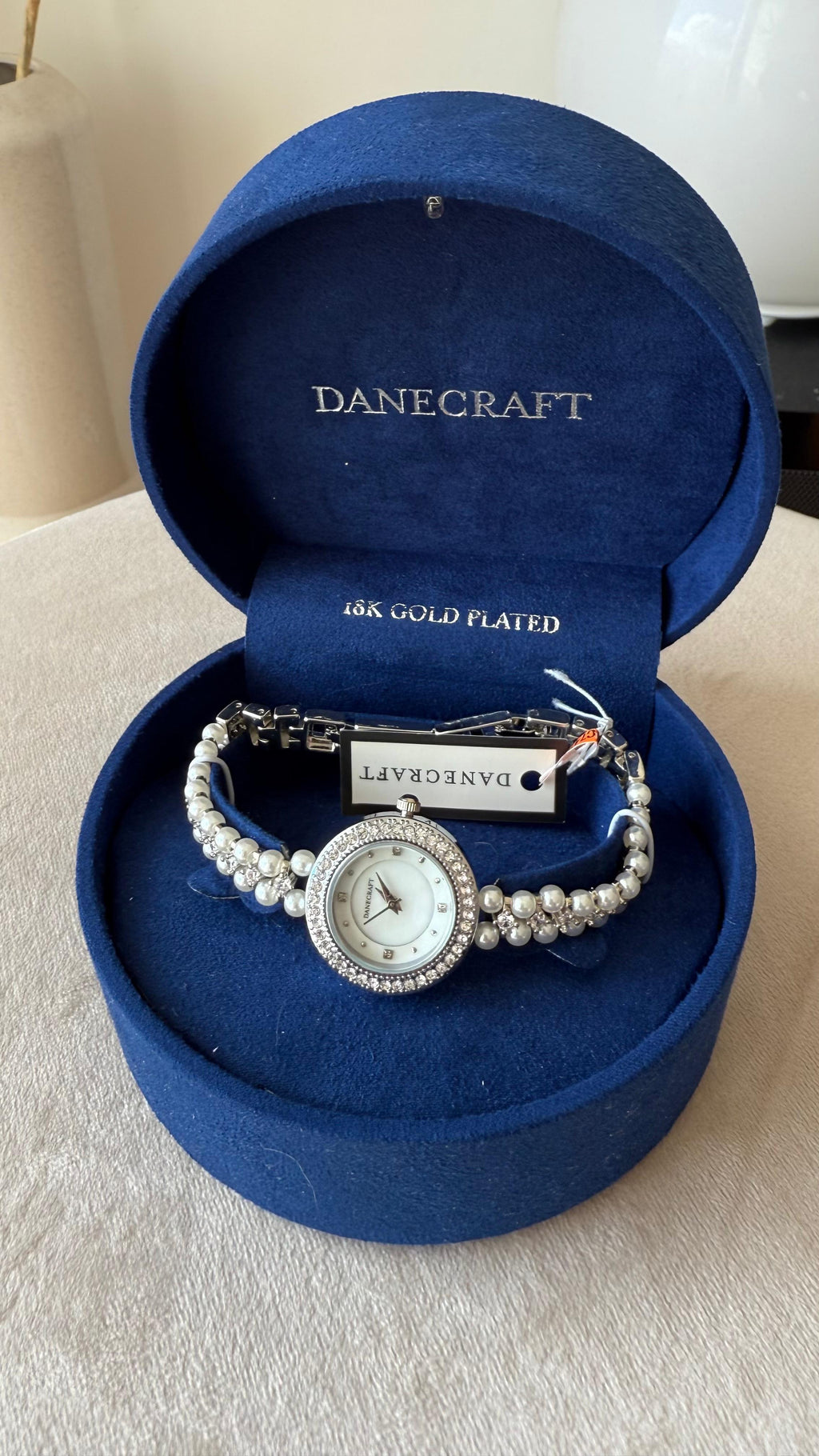 Danecraft Women's Bracelet Watch | Pearl Strap, Crystal Bezel, Gold Plated, VG