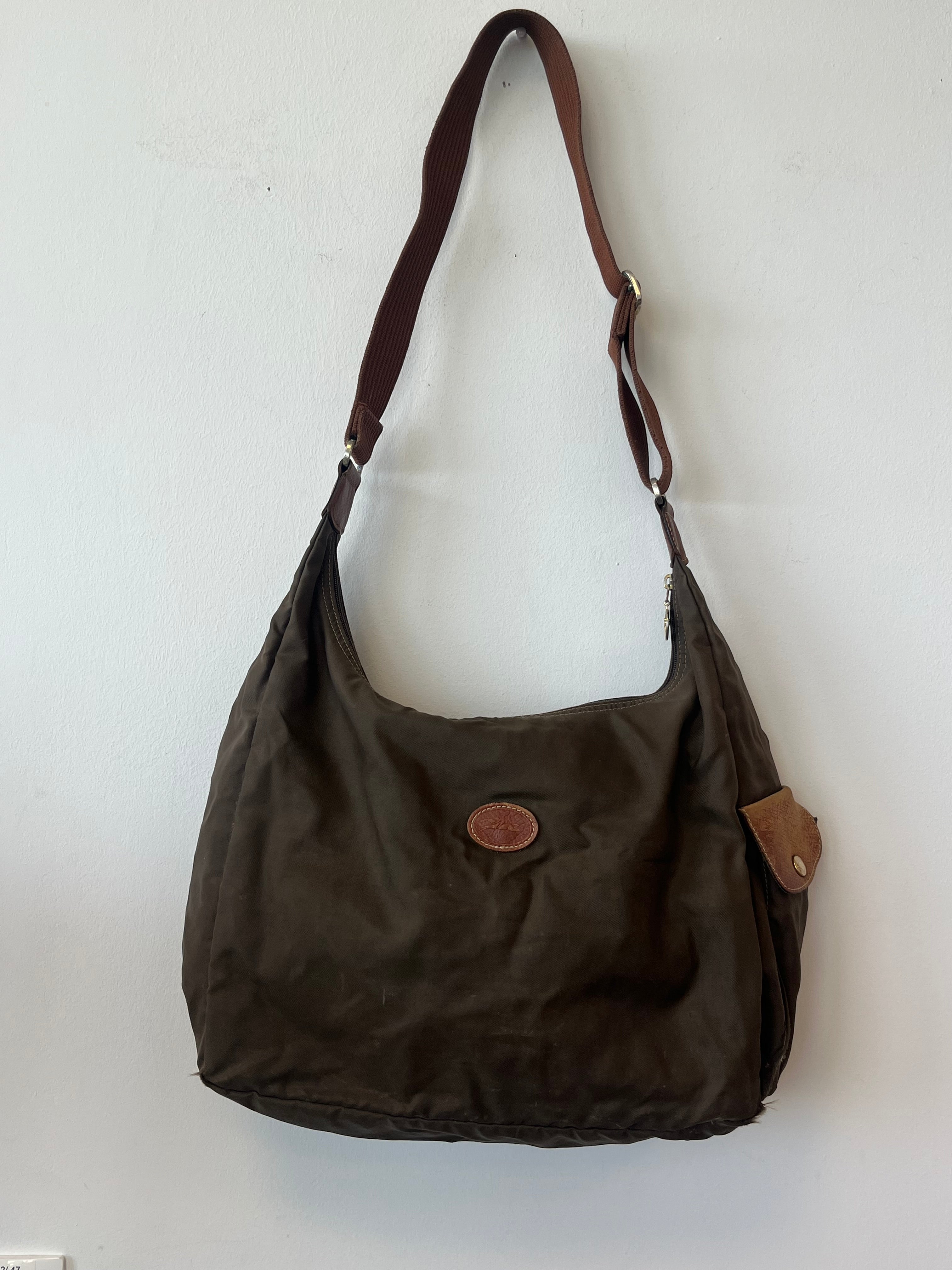 Longchamp Le Pliage Hobo/Crossbody, Medium, Nylon, Khaki/Cognac, Used Condition