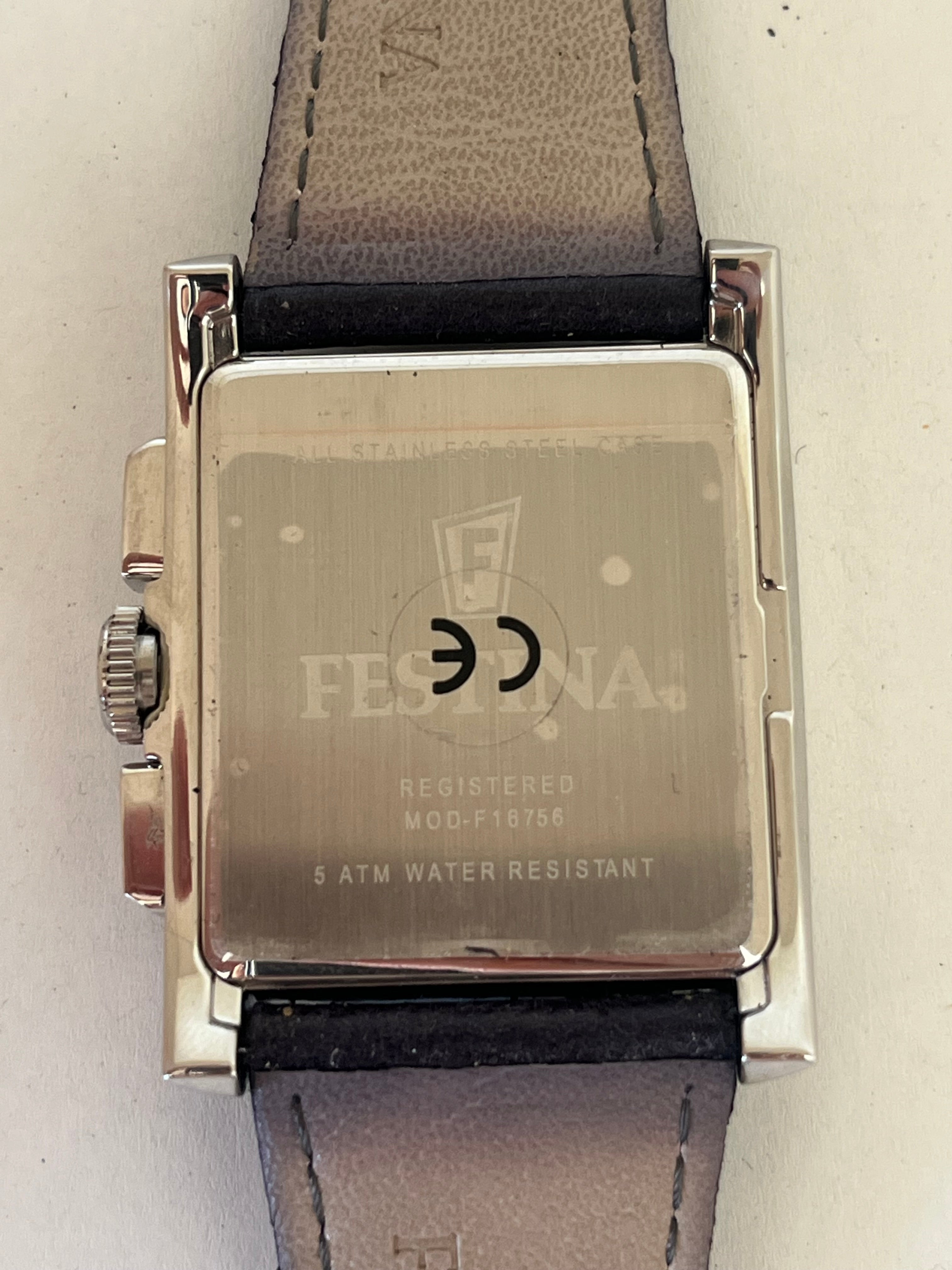 Festina Square Chronograph | Edelstahl | Lederarmband | 37mm | Guter Zustand