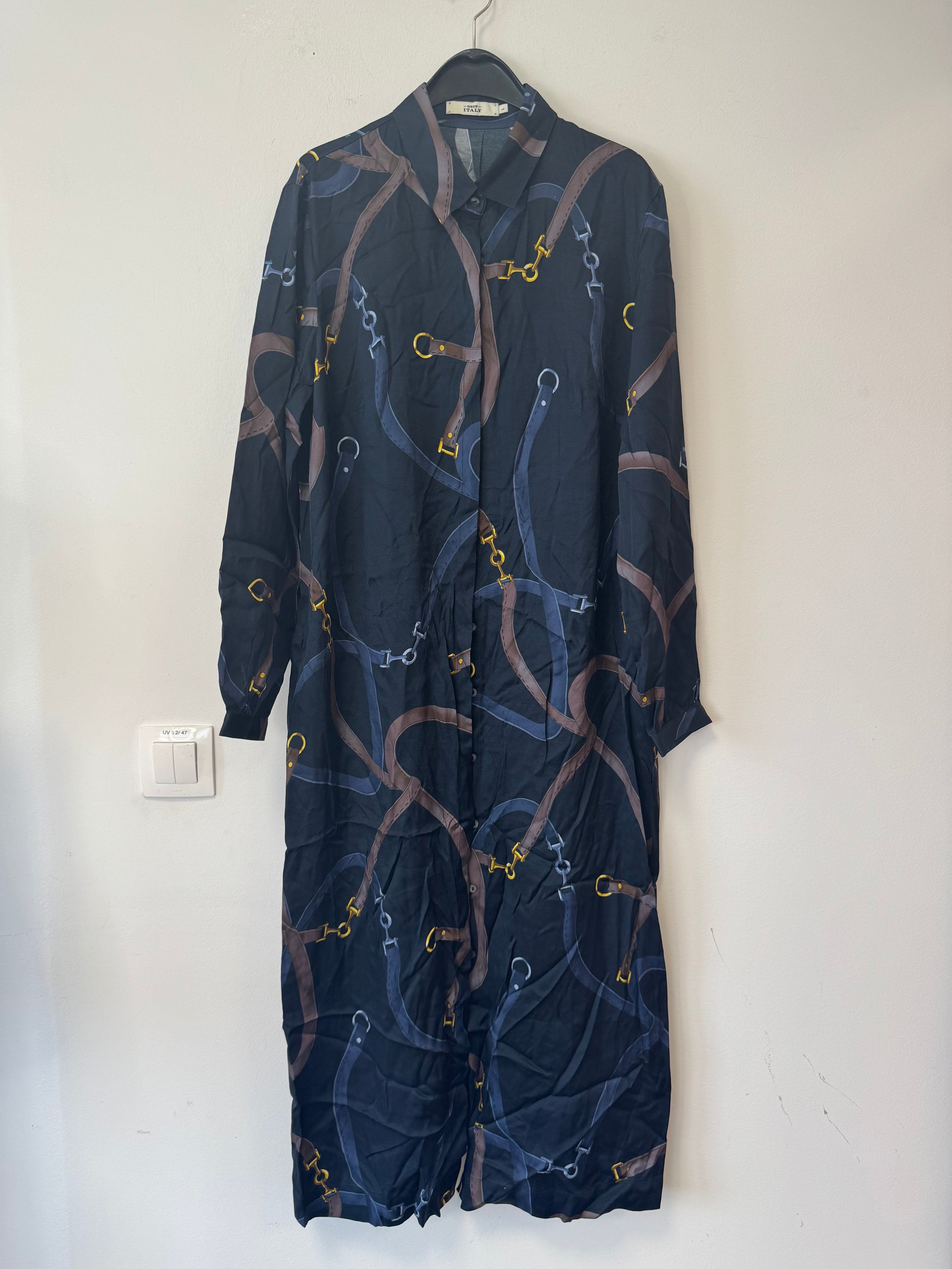 0039 Italy Seidenkleid M Navy Multicolor mit Gürtel Sehr Gut