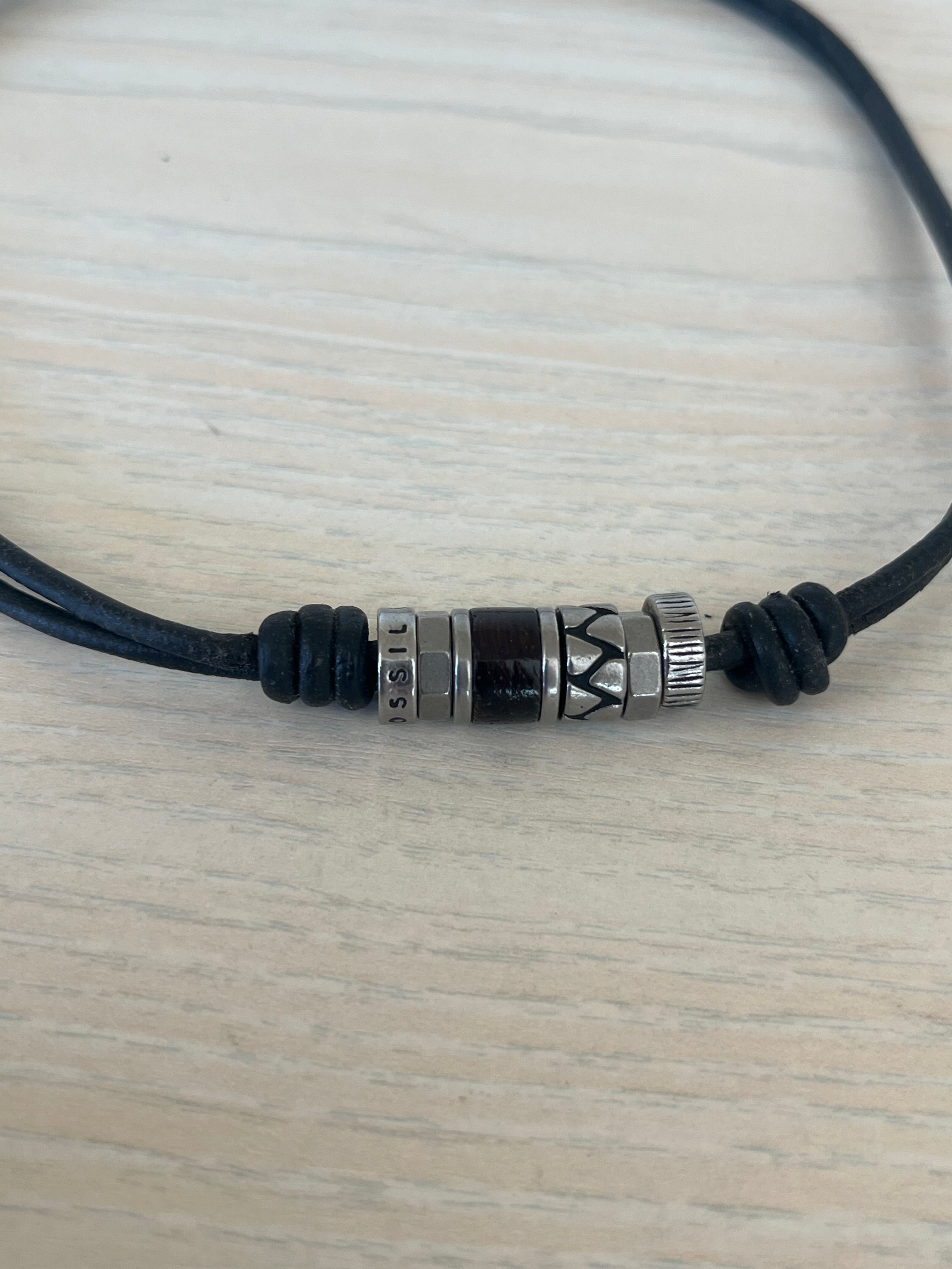 FOSSIL Herren Leder & Edelstahl Armband Set | Schwarz/Silber | Guter Zustand