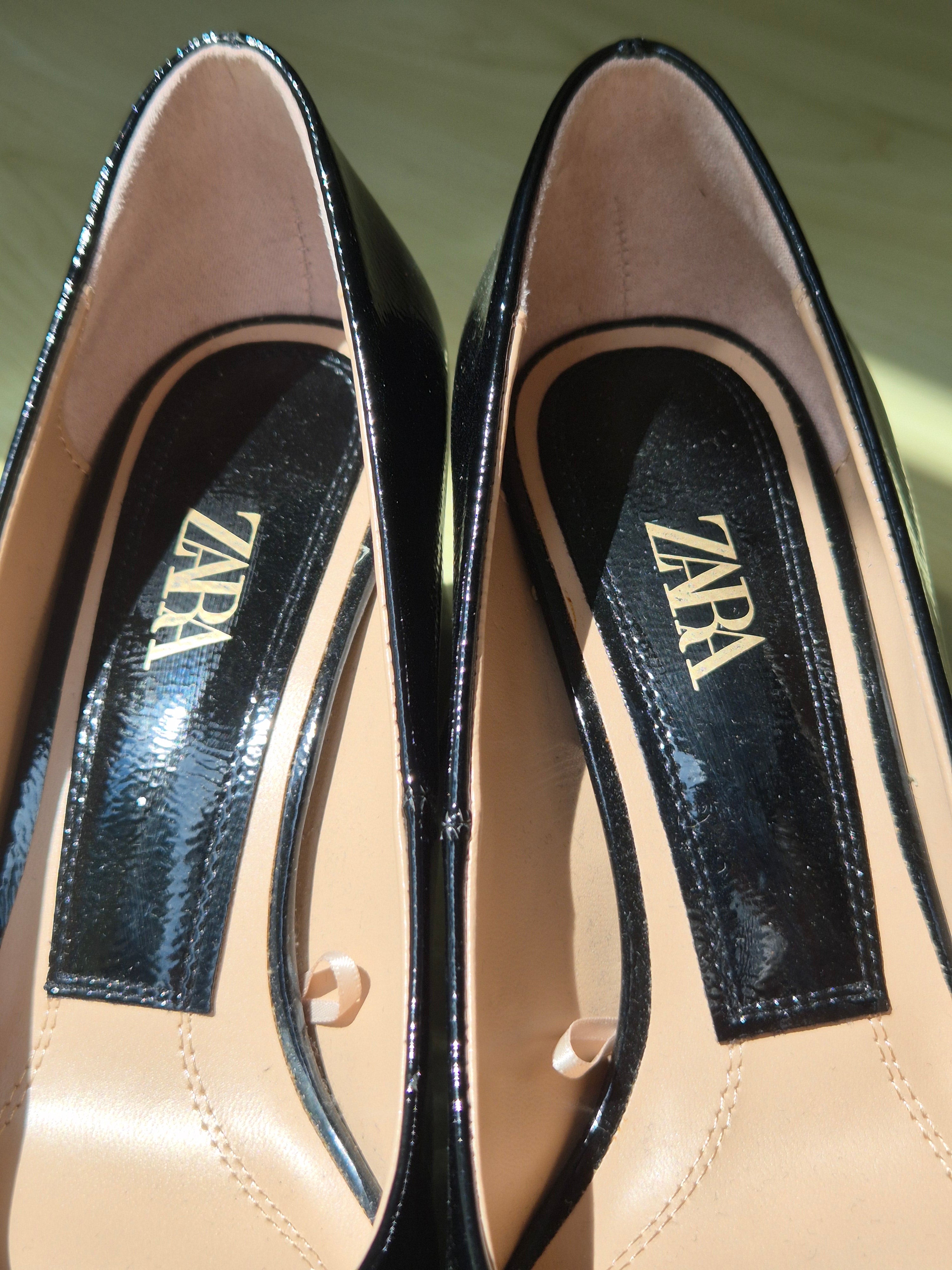 Zara Black Patent Block Heel Pumps, Size 39, Very Good Condition