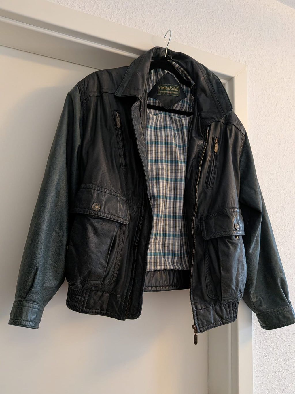 Echtleder Bomberjacke – Conte Massimo – Gr. 50 – Dunkelgrün/Schwarz – Gut