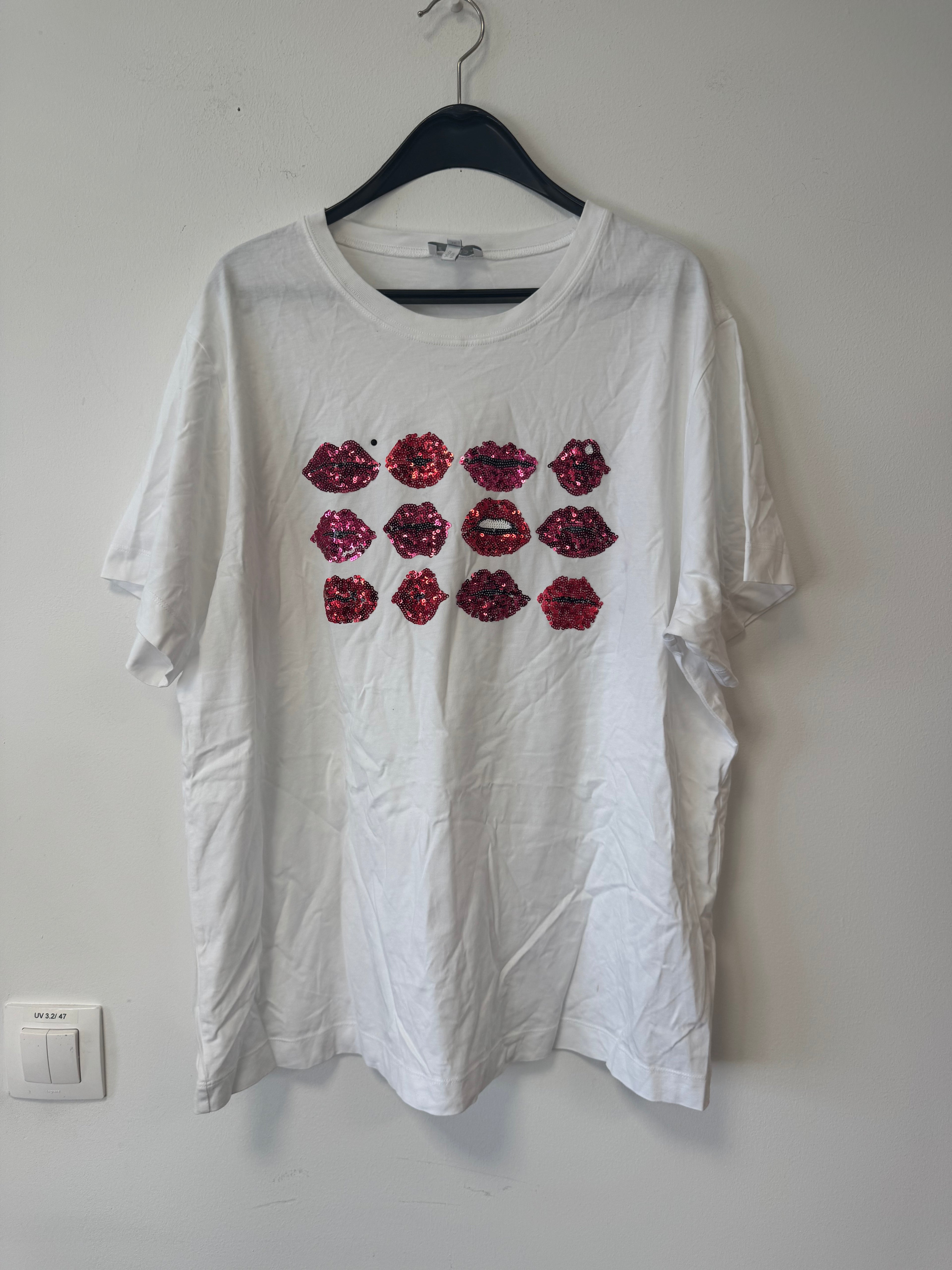 Escada Eriss T-Shirt – Pailletten-Lippen, Weiß, XL, Sehr guter Zustand