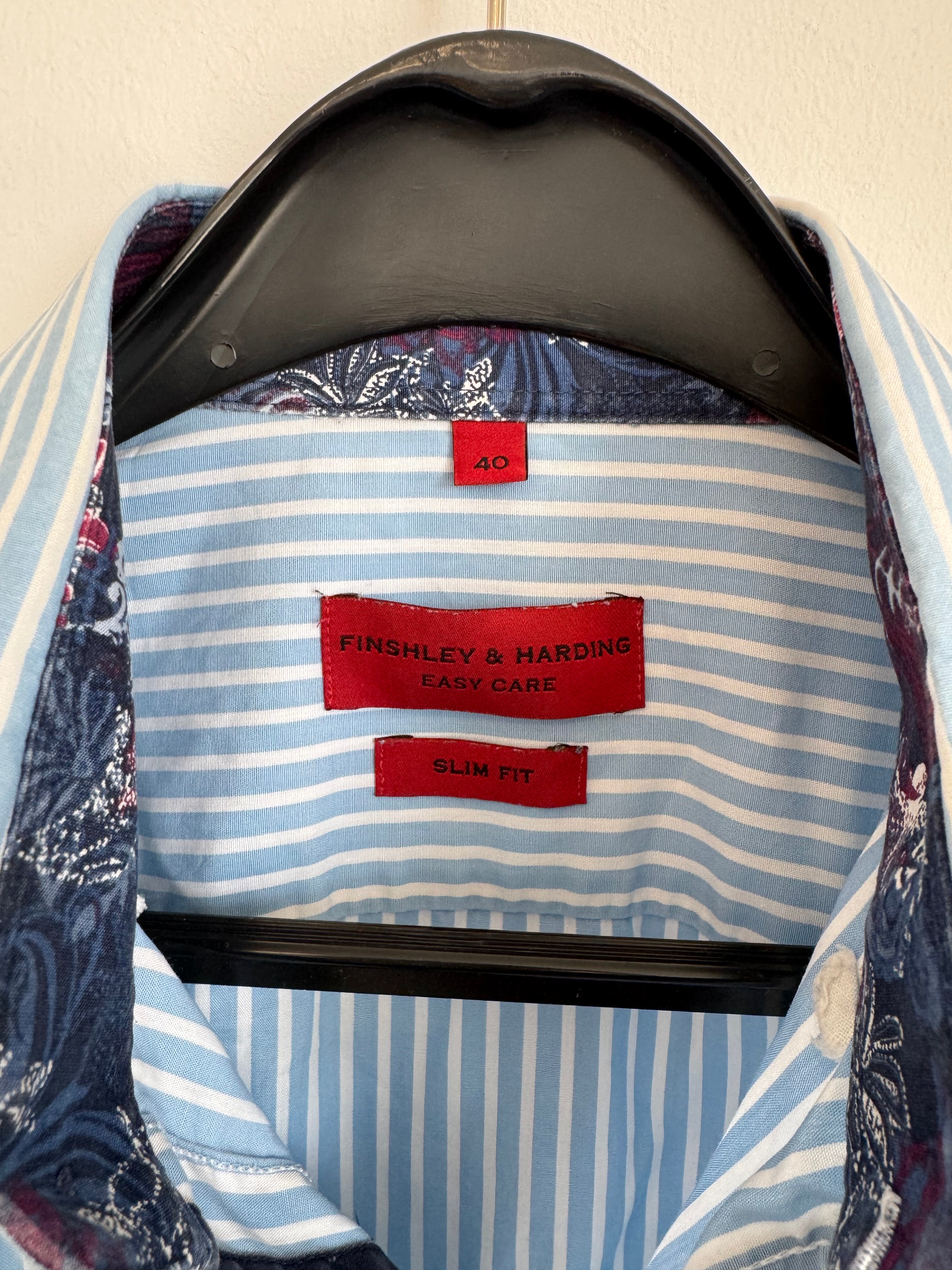 Finshley & Harding Easy Care Slim Fit Hemd Blau/Weiß Gestreift M Gut
