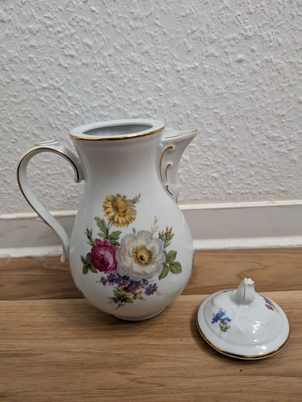 Vintage Tirschenreuth Bavaria Floral Coffee Pot, Gold Trim, 1.2L, Very Good