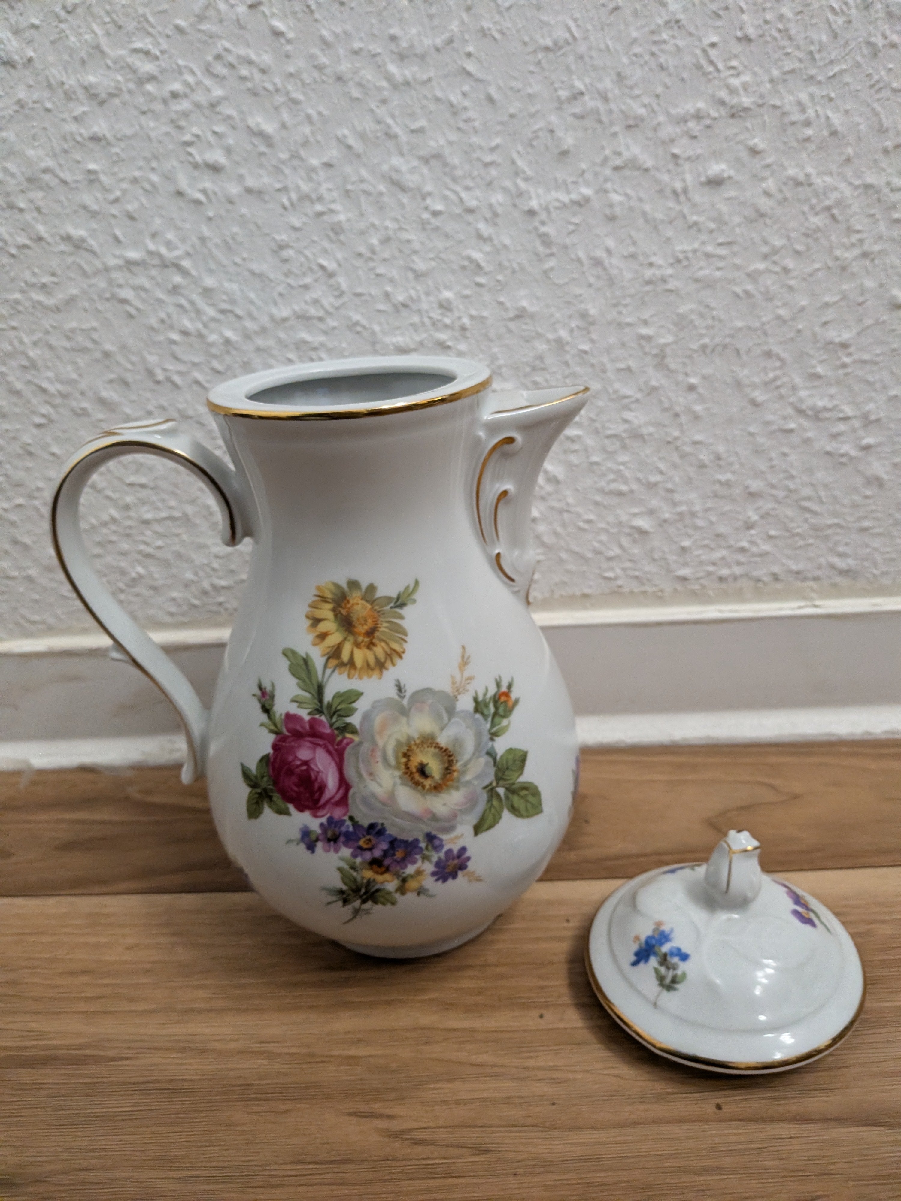 Vintage Tirschenreuth Bavaria Floral Coffee Pot, Gold Trim, 1.2L, Very Good