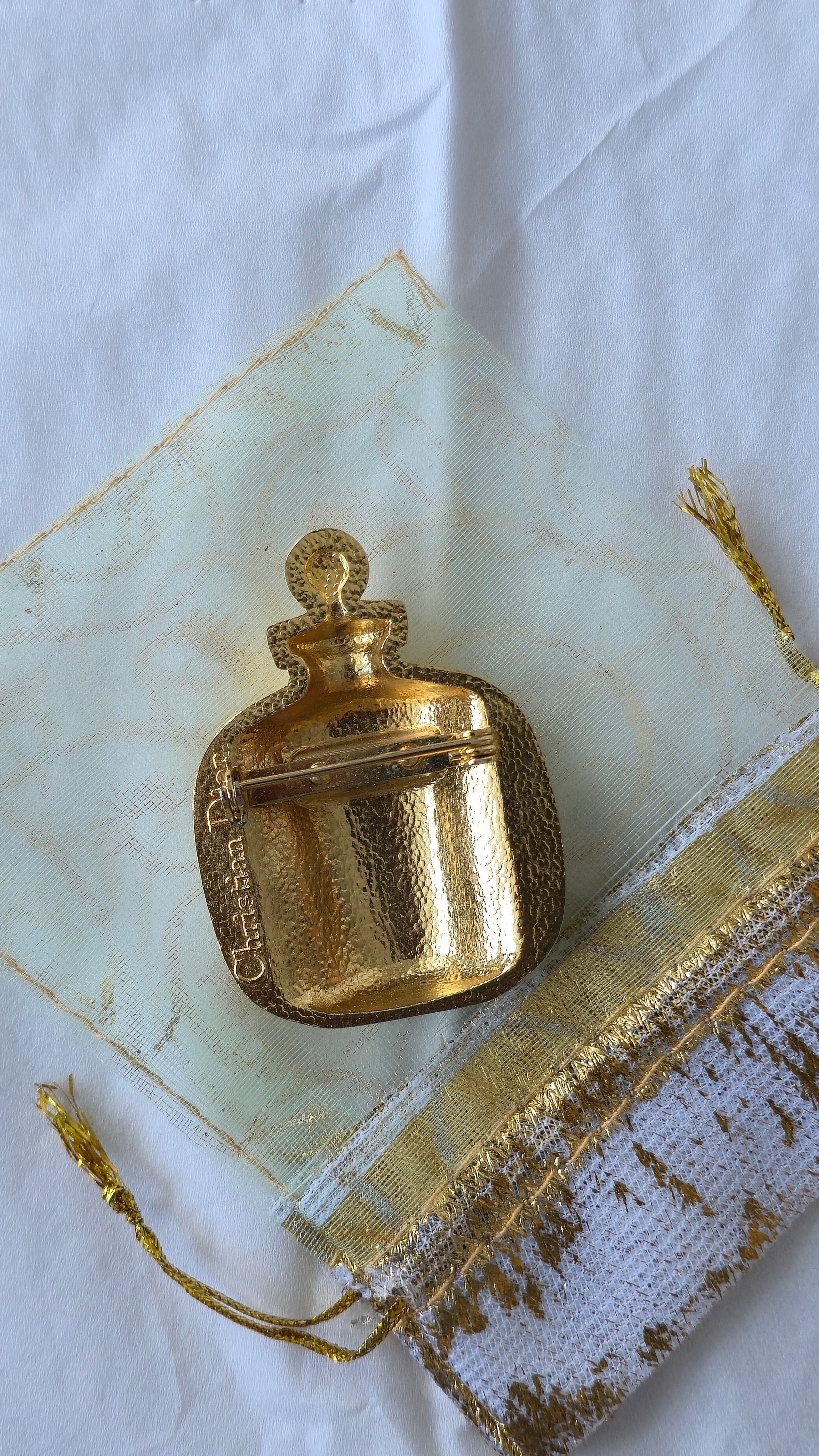 Christian Dior Dune Brosche Parfümflakon | Gold-Ton | ca. 4 cm | Sehr gut