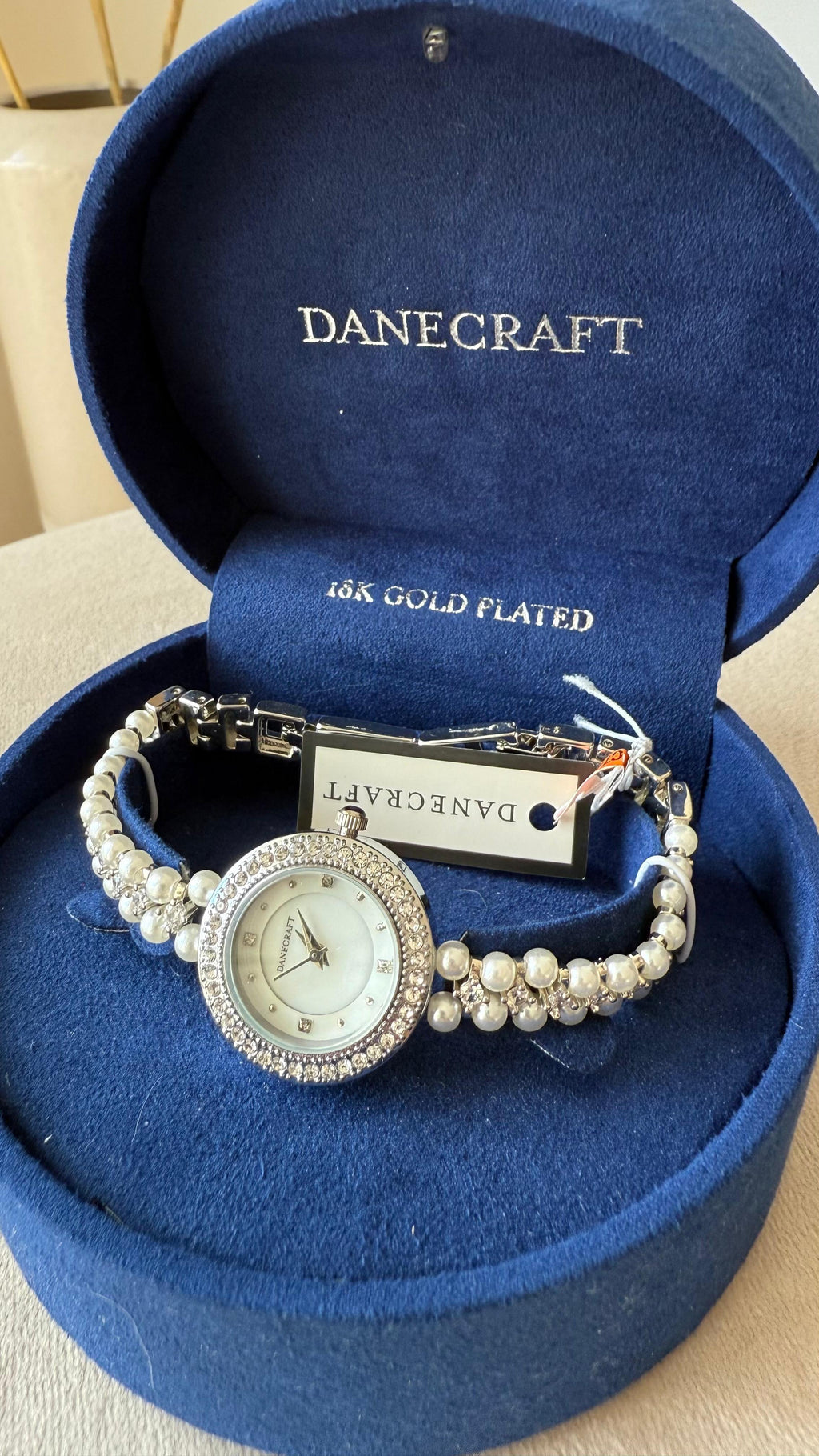 Danecraft Women's Bracelet Watch | Pearl Strap, Crystal Bezel, Gold Plated, VG