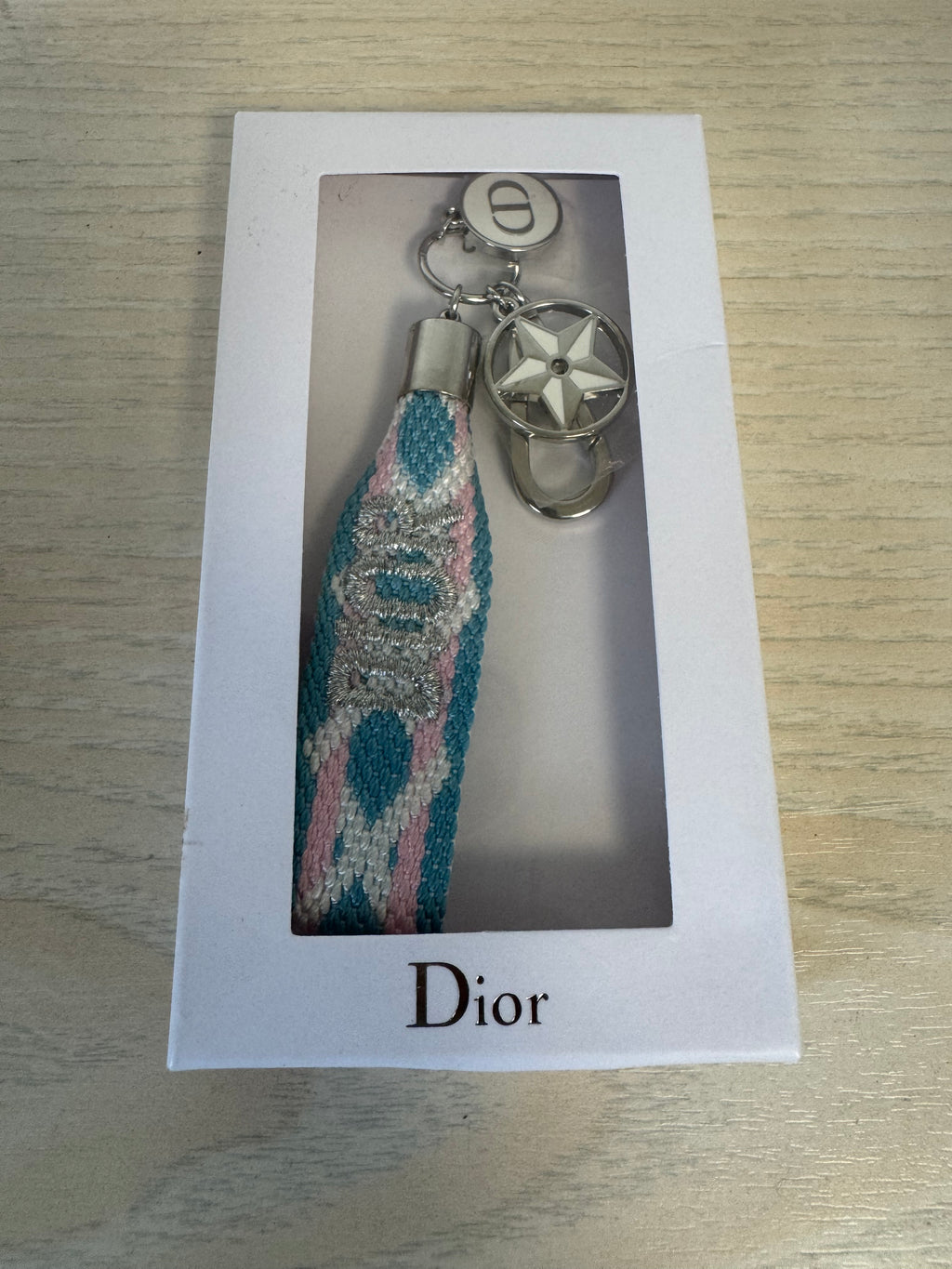 Dior “Lucky Star” Woven Wristlet Keychain – Blue & Pink, 15cm, Very Good, Boxed