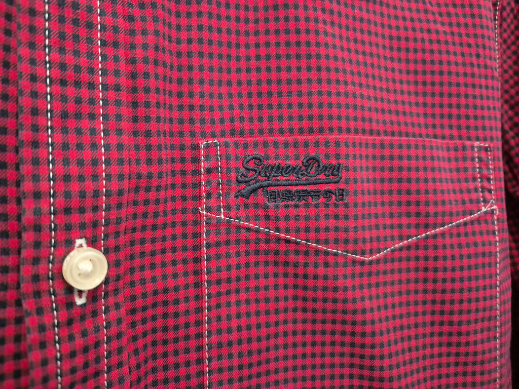 Superdry London Button Down Shirt L Red/Black Check Cotton Very Good
