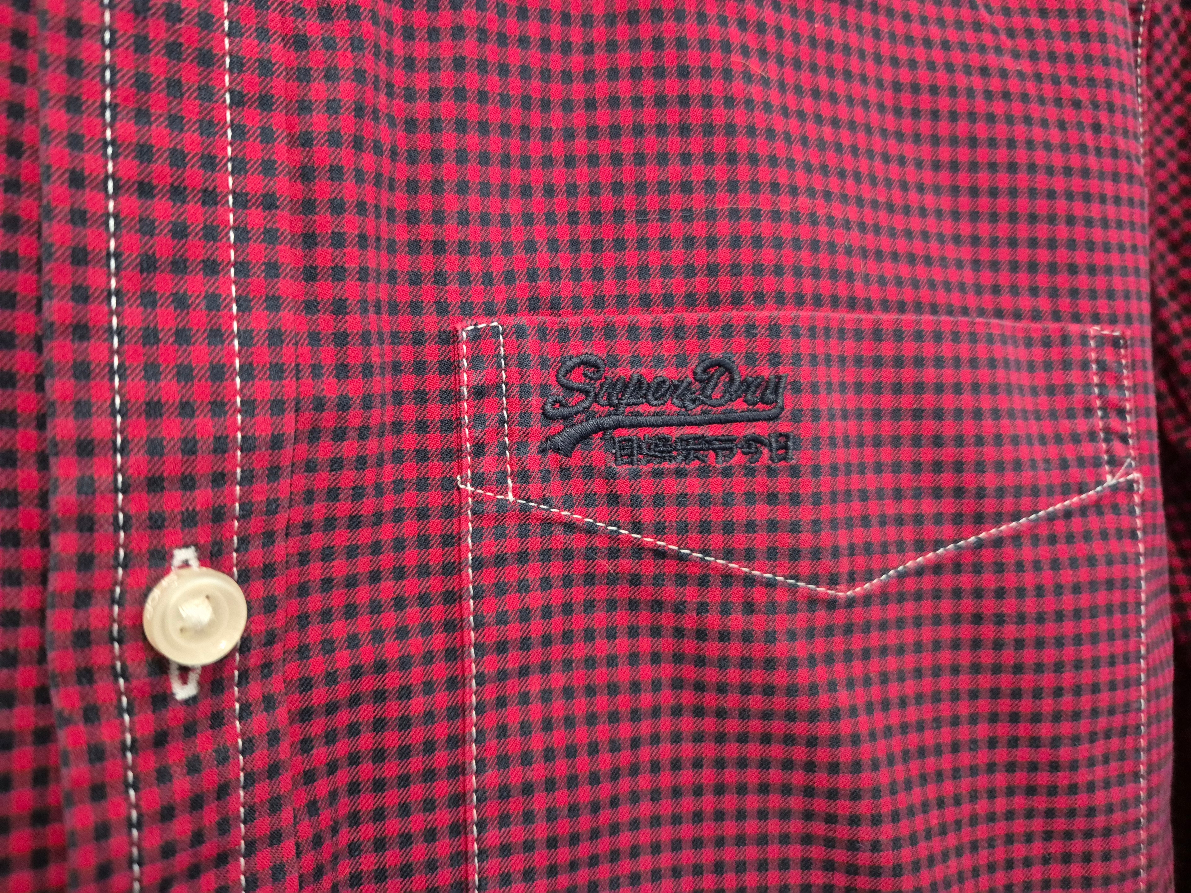 Superdry London Button Down Shirt L Red/Black Check Cotton Very Good