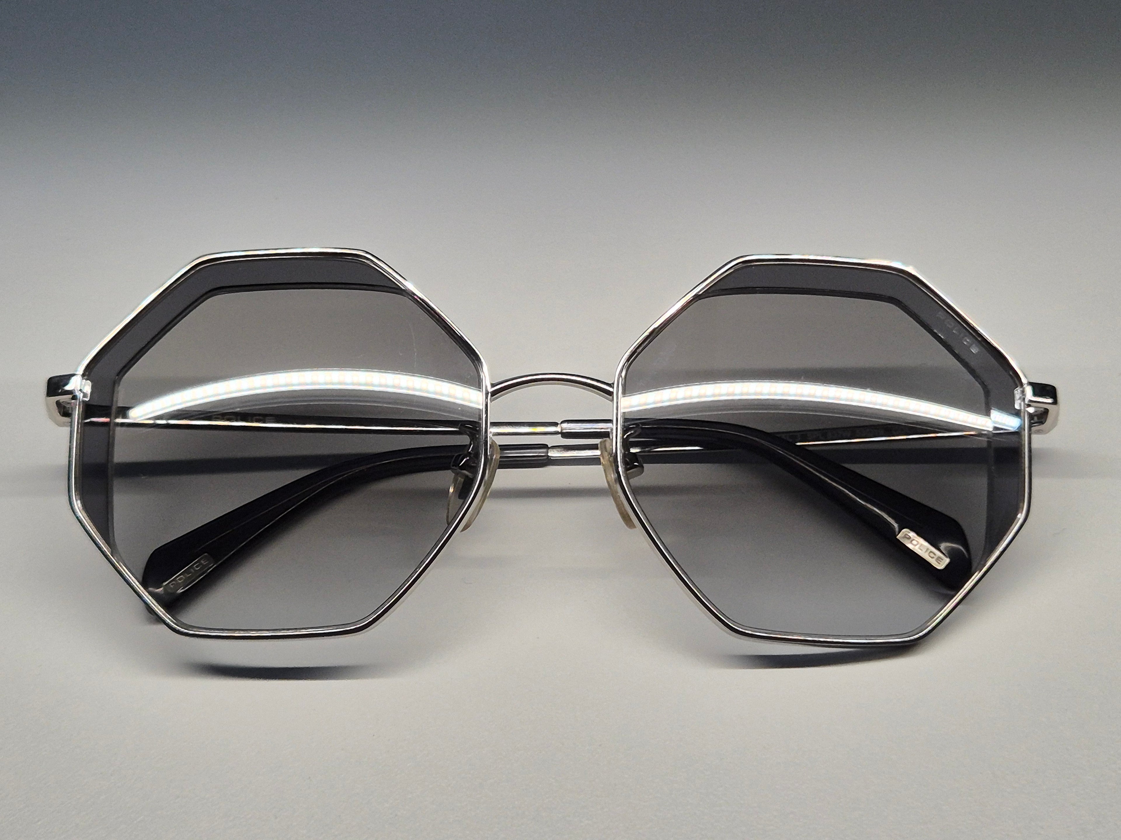POLICE Octagon Sunglasses, Metal, Silver, Size 53x19 140, Very Good