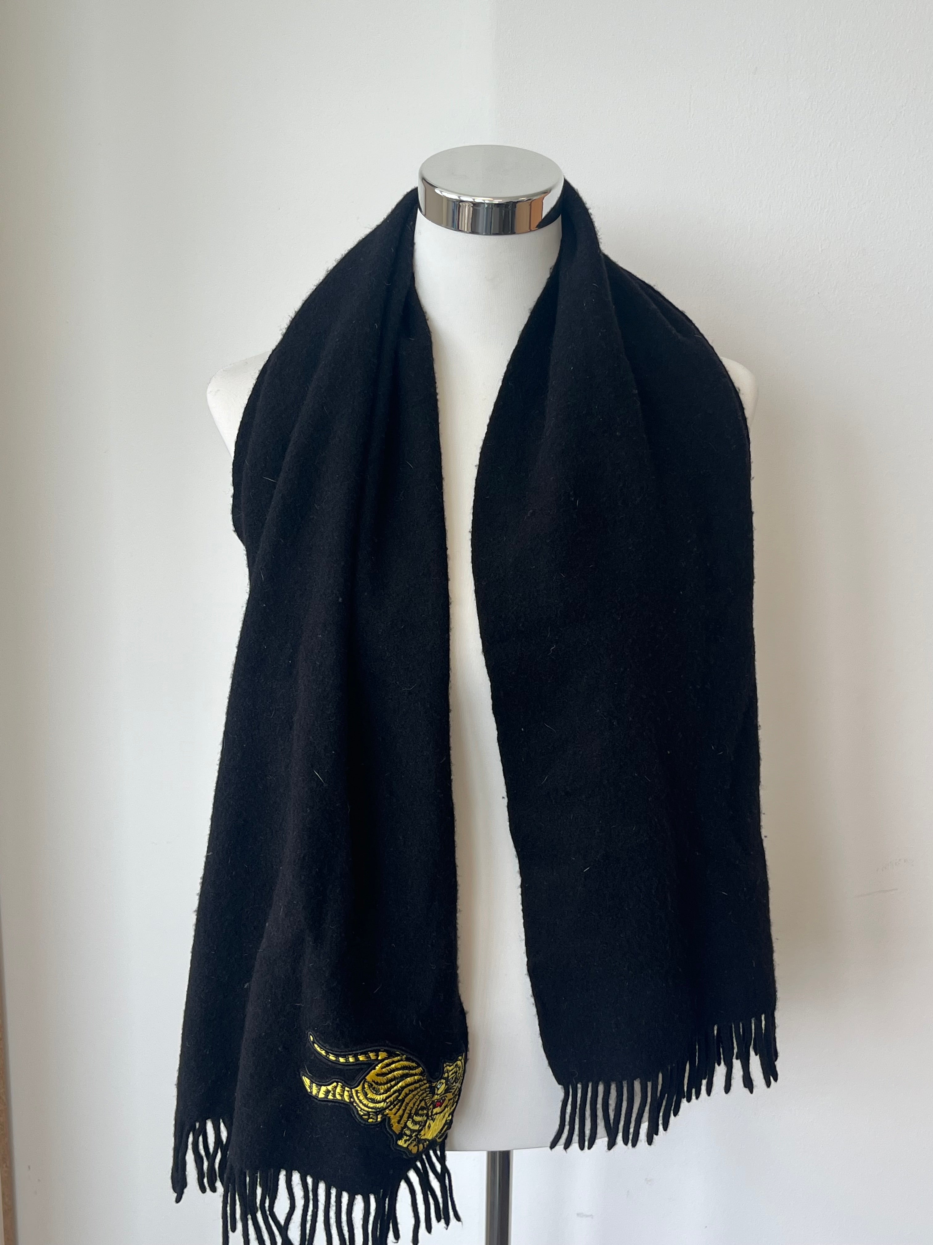 Kenzo Tiger Embroidery Wool Scarf – Black, 180x30cm, Good Condition