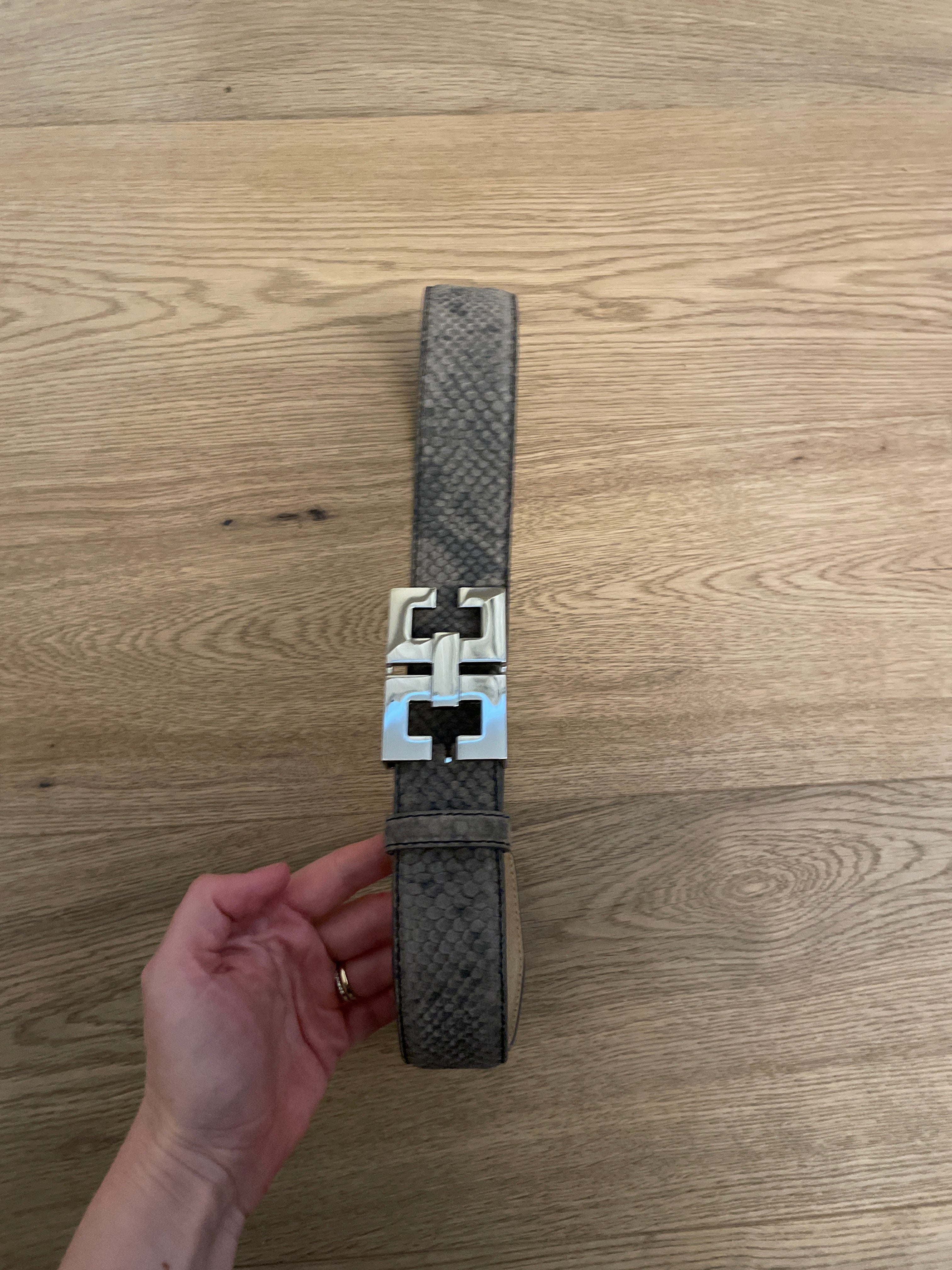 Escada python-embossed grey leather belt, silver buckle, size 85, Very Good