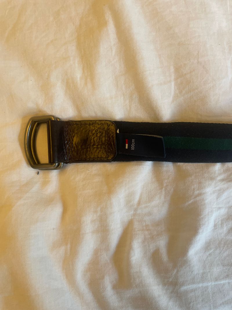 Tommy Hilfiger D-Ring Gürtel 100 cm Schwarz/Grün Leder & Stoff, guter Zustand