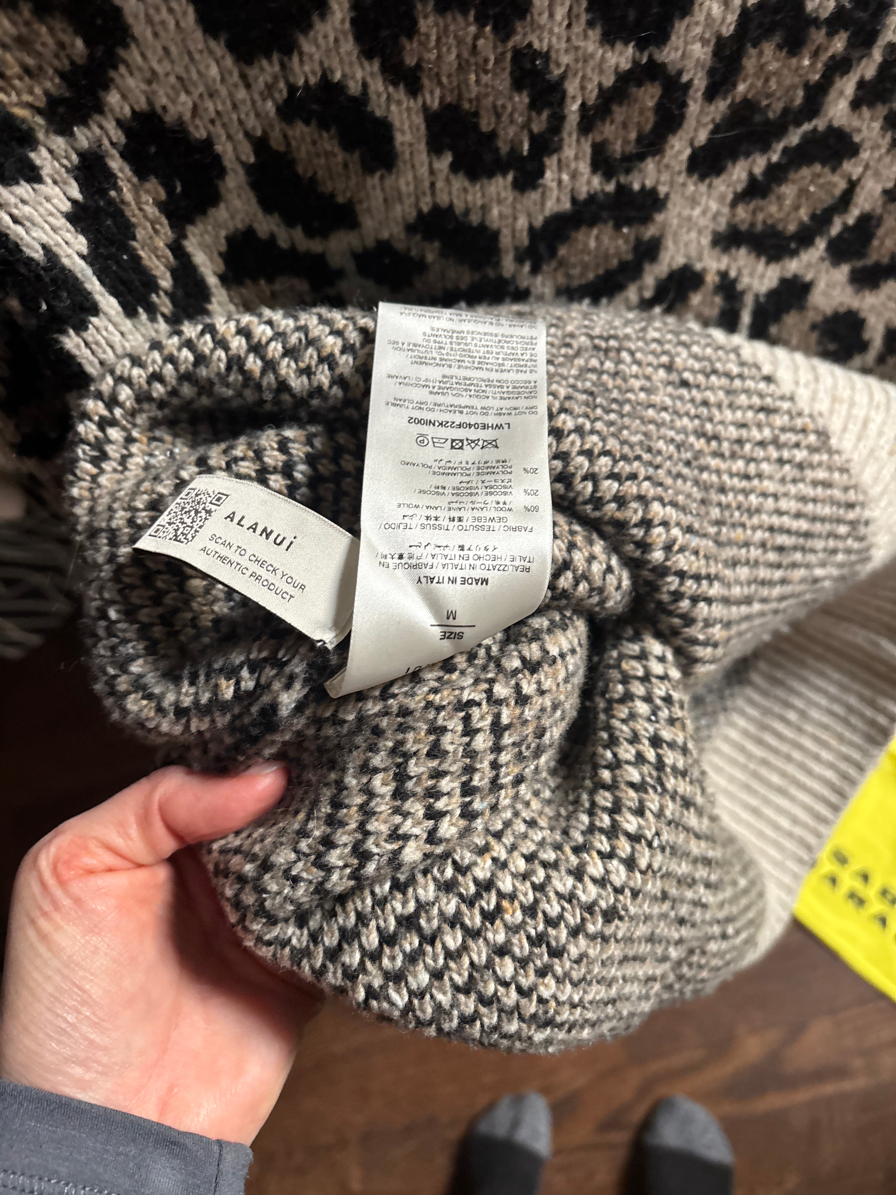 Alanui Leopard Jacquard Wool Blend Sweater Black Beige Size M – Italy