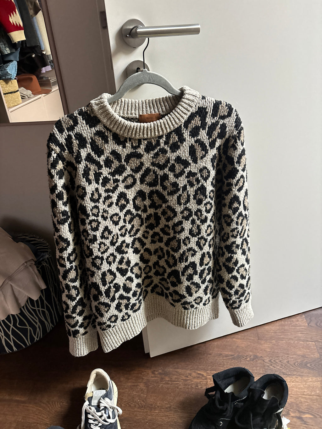 Alanui Leopard Jacquard Wool Blend Sweater Black Beige Size M – Italy