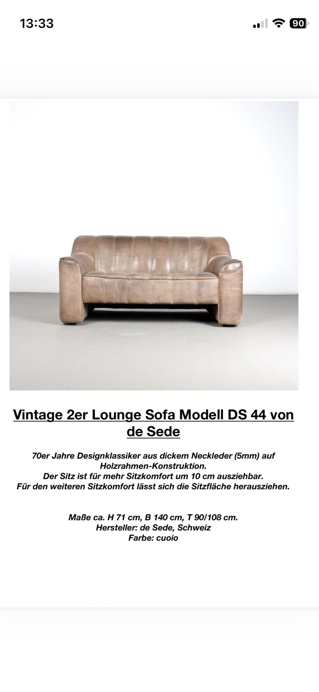 De Sede DS 44 Zweisitzer Sofa, Büffelleder, Cuoio, Guter Zustand