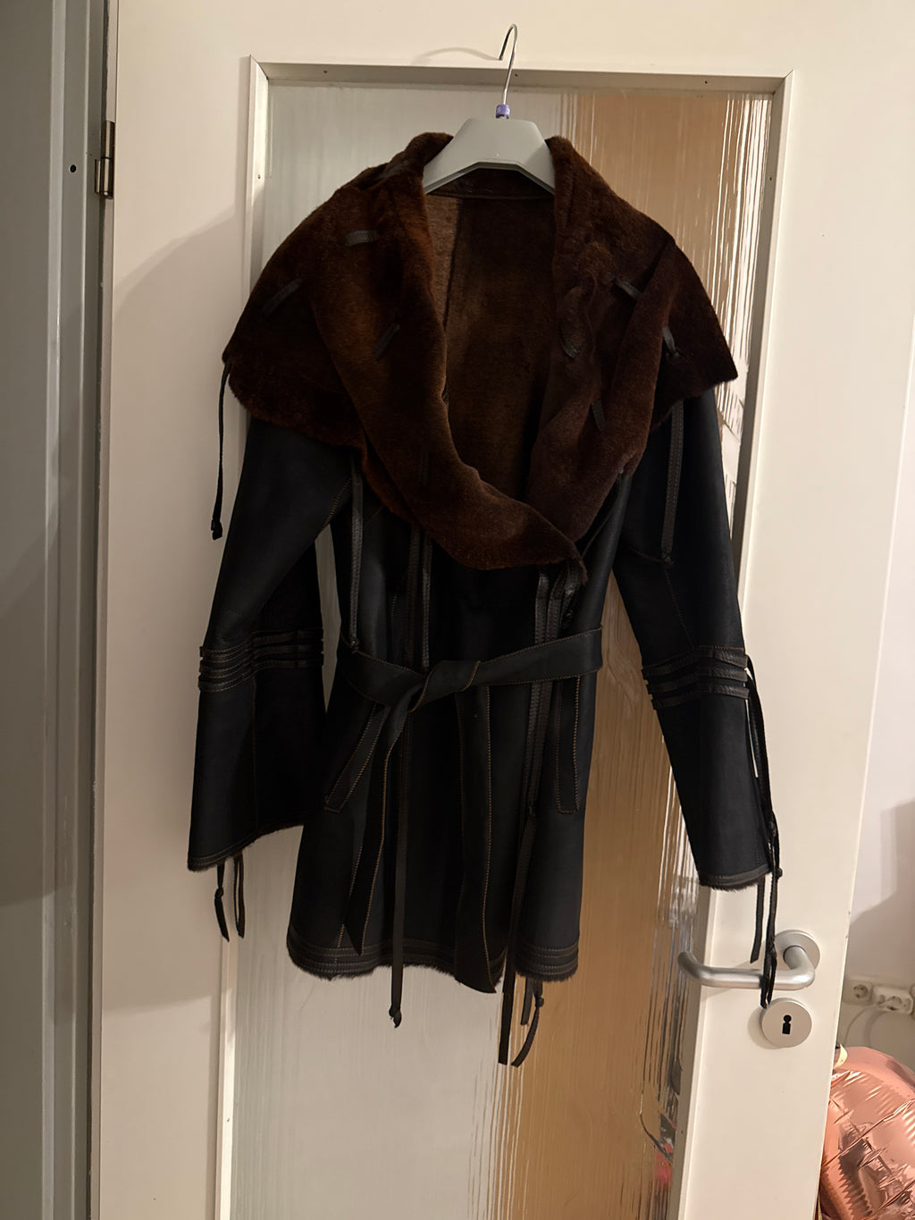 Genuine Shearling Ethan Hooded Coat, Dark Brown, Medium, Made in Italy, Very Good