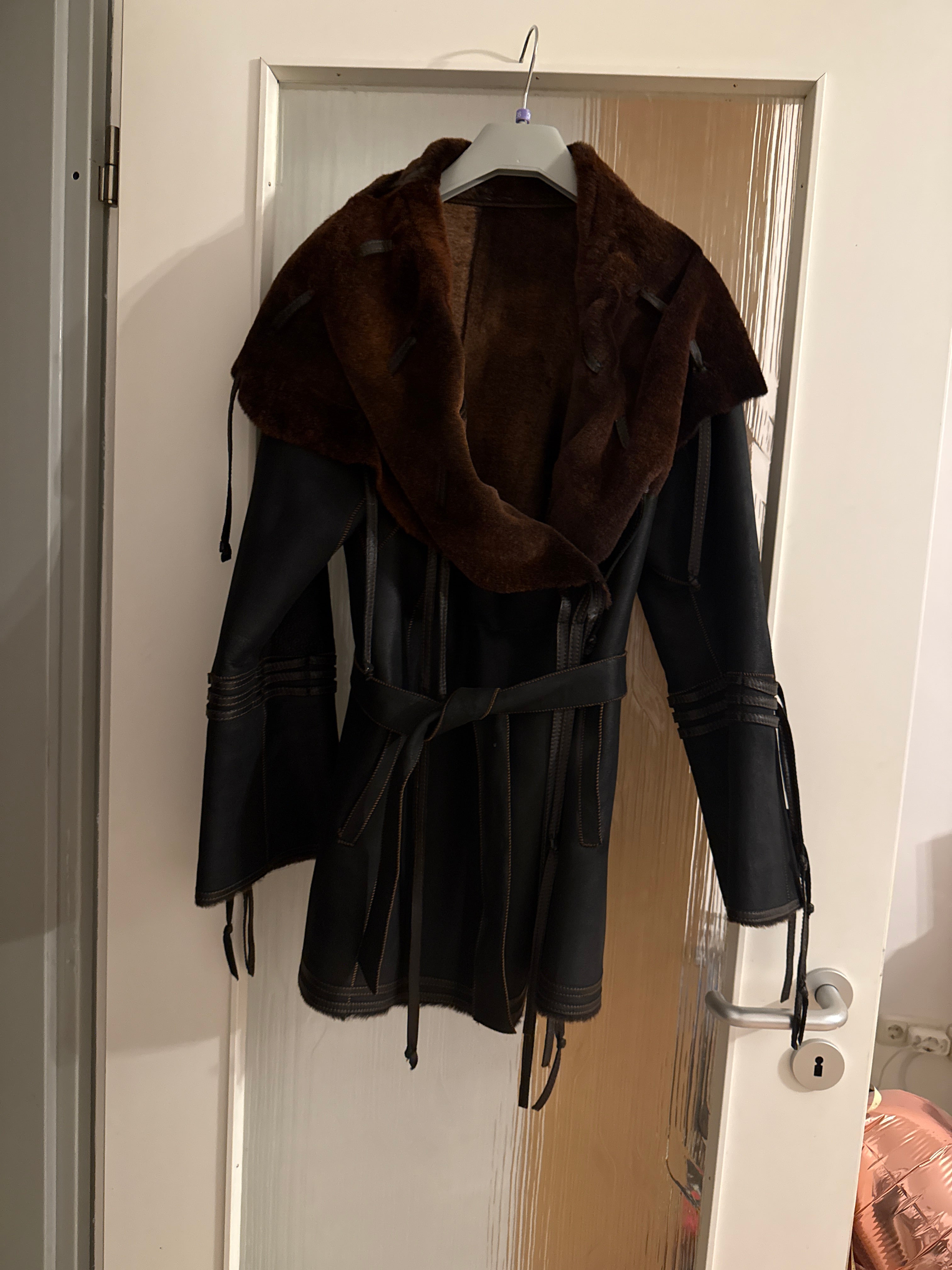 Genuine Shearling Ethan Hooded Coat, Dark Brown, Medium, Made in Italy, Very Good