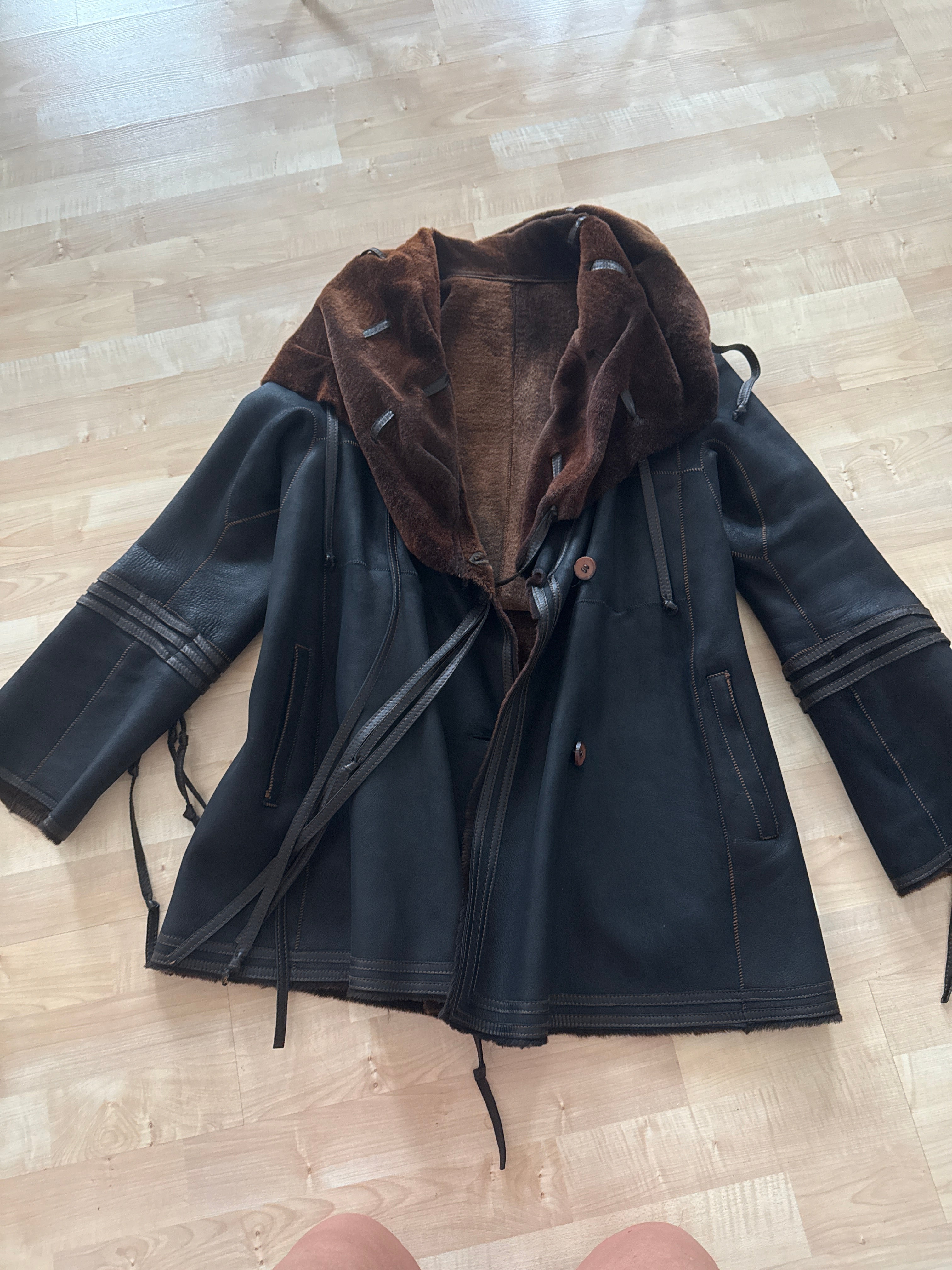Genuine Shearling Ethan Hooded Coat, Dark Brown, Medium, Made in Italy, Very Good