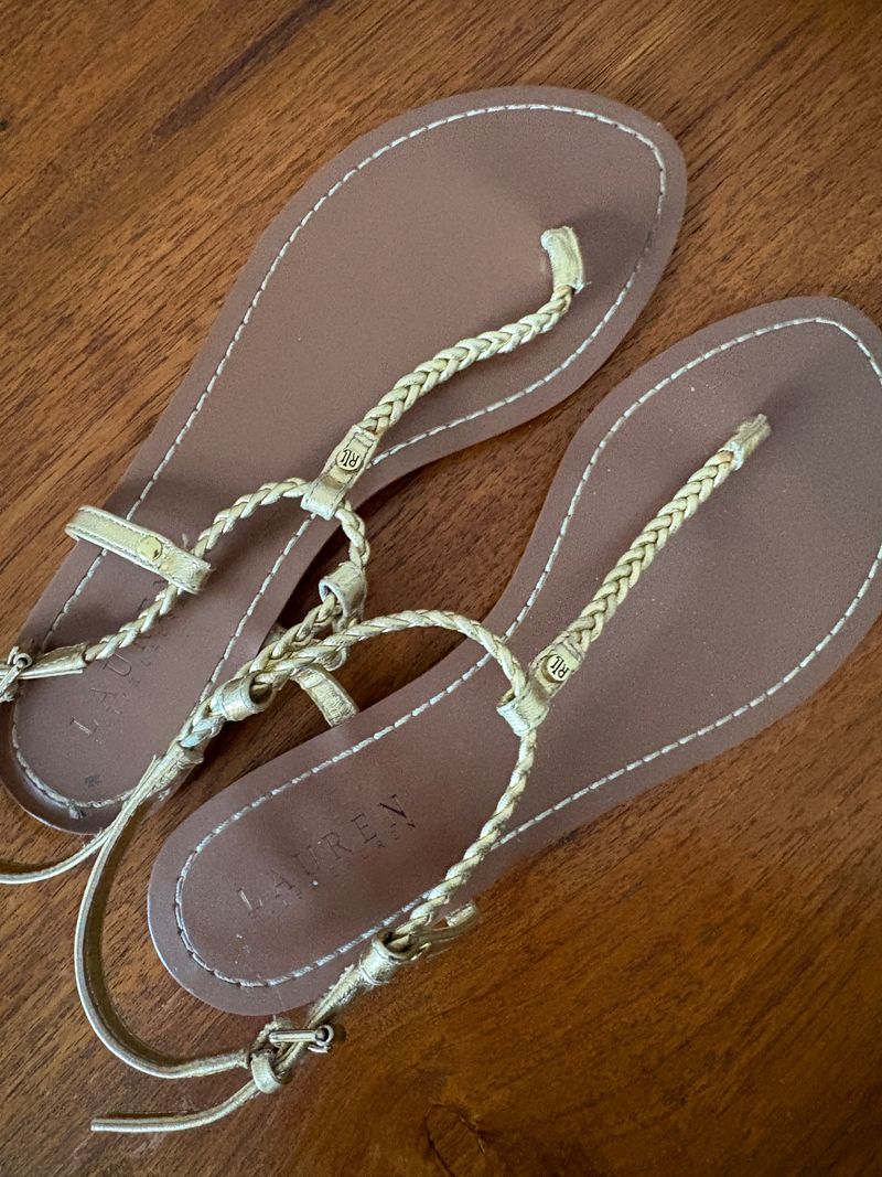 Lauren Ralph Lauren Gold Braided Thong Sandals, EU 39, Very Good Condition