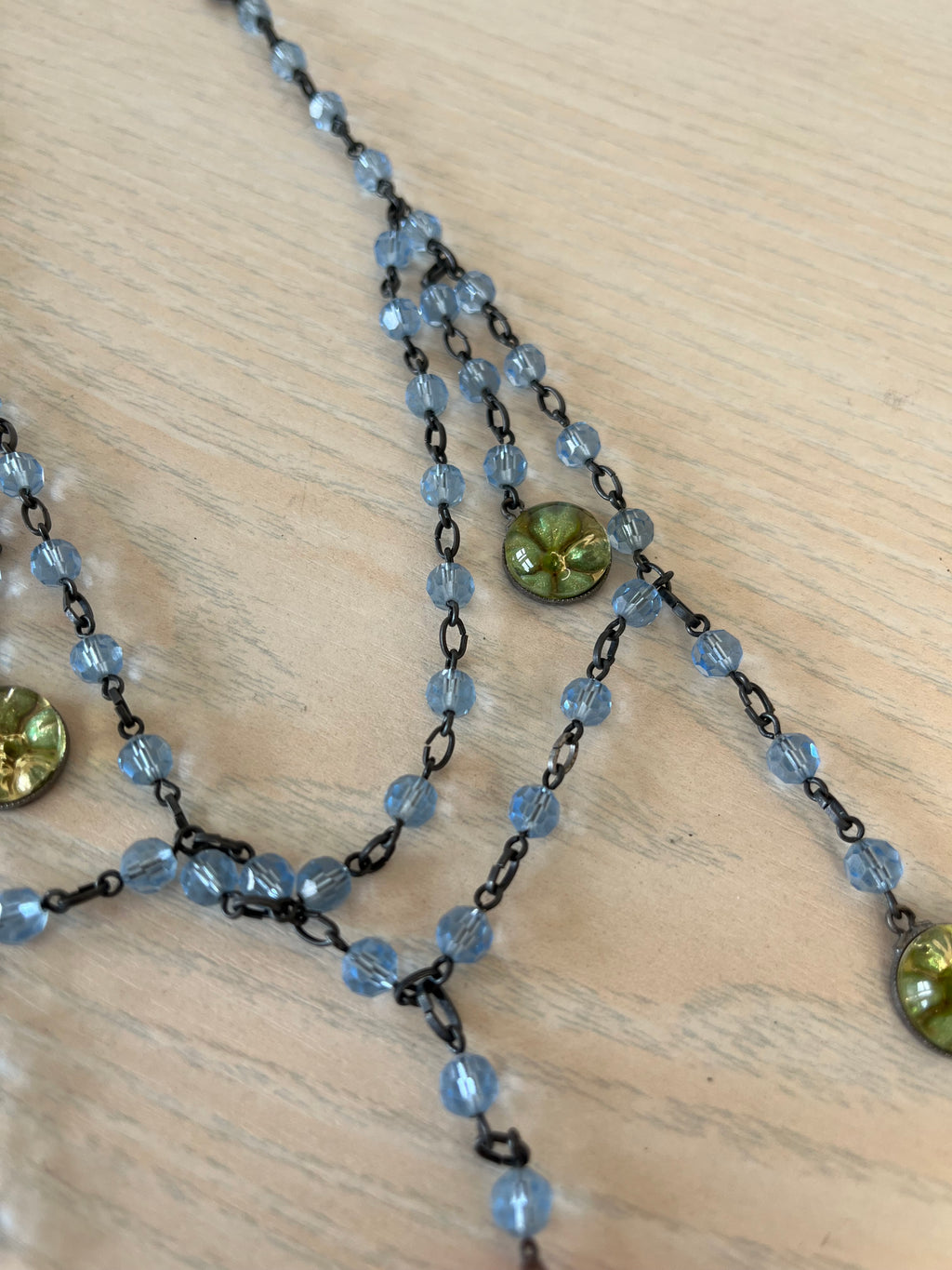 Konplott Vintage Floral Glass-Bead Drop Necklace, Adjustable, Blue/Green, Very Good
