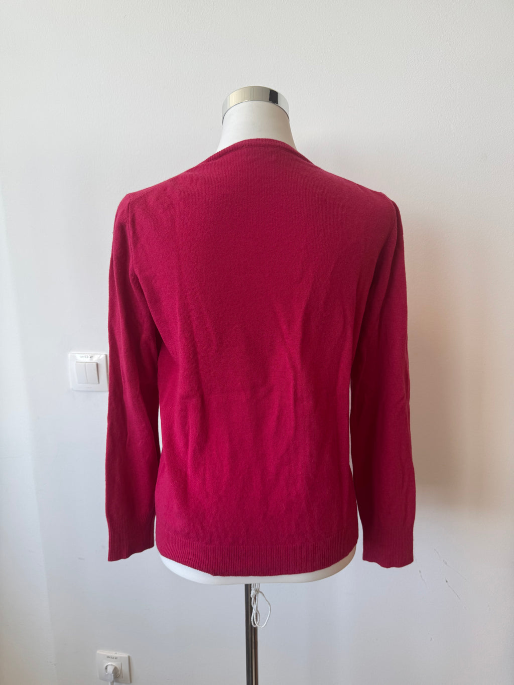 Stile Benetton Extra-Fine Merino Wool Cardigan Red Crew Neck Good Condition