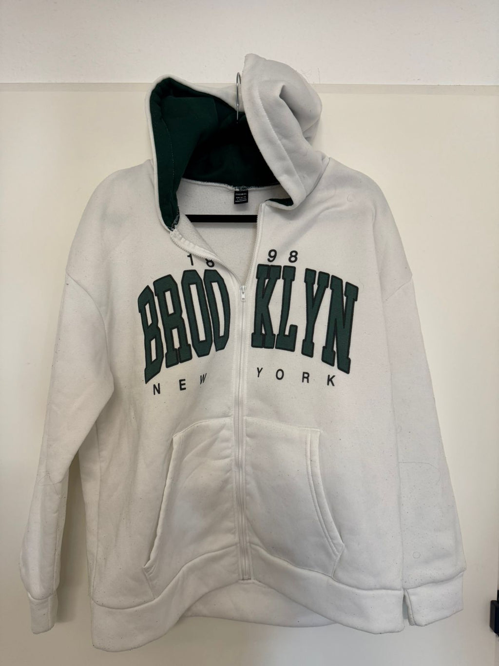 Fresral Zip Hoodie „Brooklyn New York“ – Weiß/Grün, Größe L (EU 40/42), Top