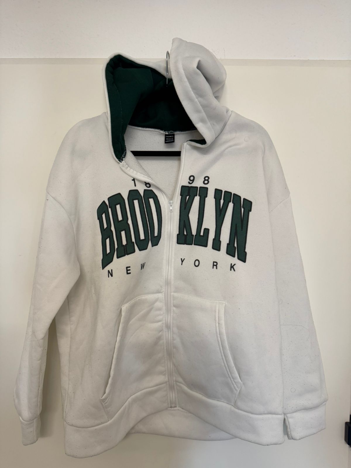Fresral Zip Hoodie „Brooklyn New York“ – Weiß/Grün, Größe L (EU 40/42), Top
