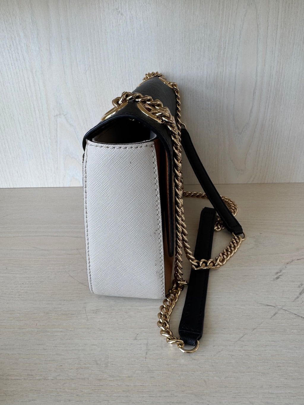 Michael Kors “Tina” Crossbody – Color-Block Saffiano Leather, Gold Hardware, Good