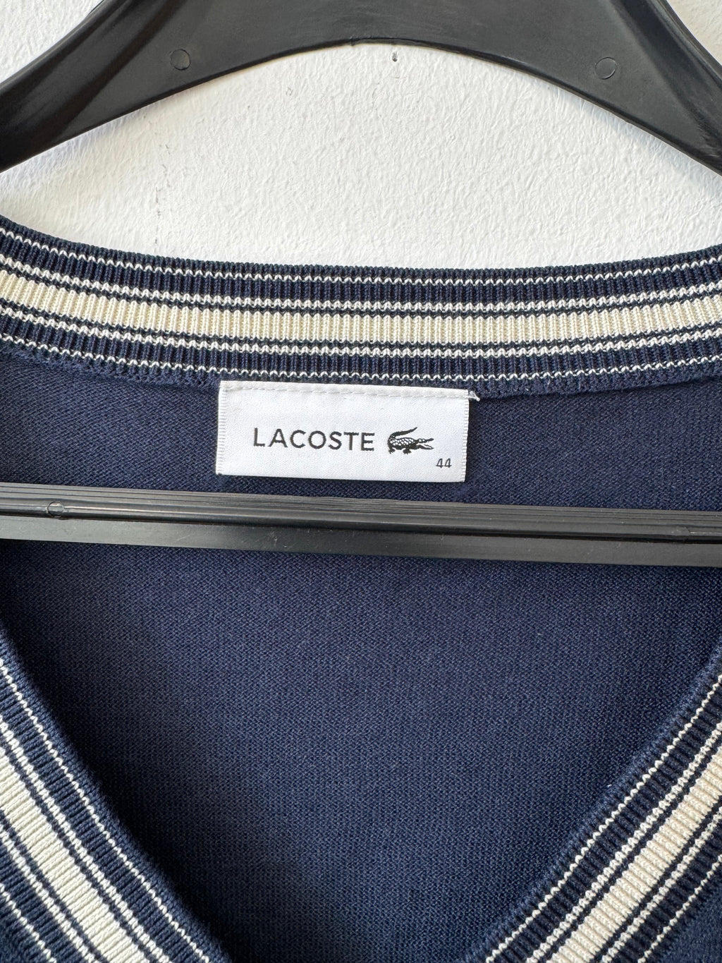 Lacoste Navy V-Neck Sweater, Size 44 (L), Stripe Trim, Good Condition