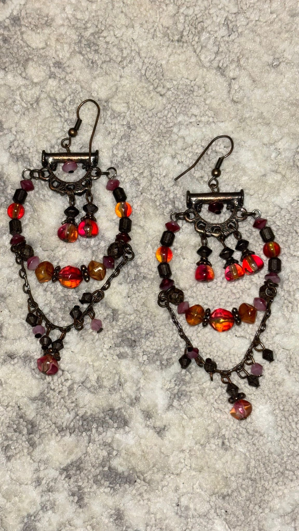 Boho Chandelier Earrings, Bronze, Ruby Red & Orange Glass Beads, 5cm, Good