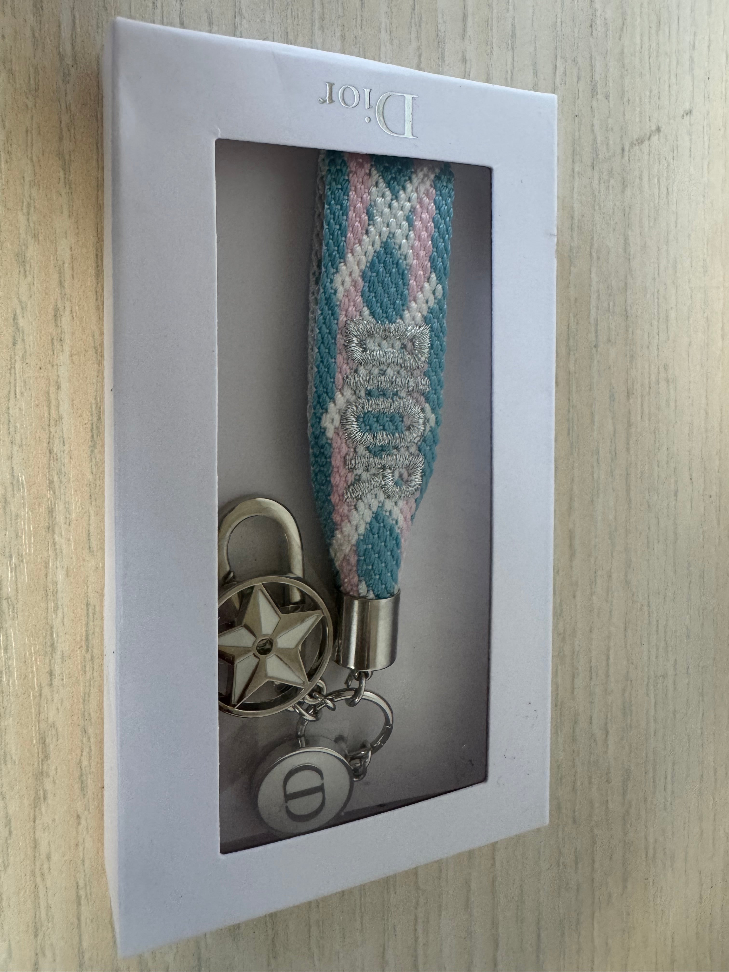 Dior “Lucky Star” Woven Wristlet Keychain – Blue & Pink, 15cm, Very Good, Boxed