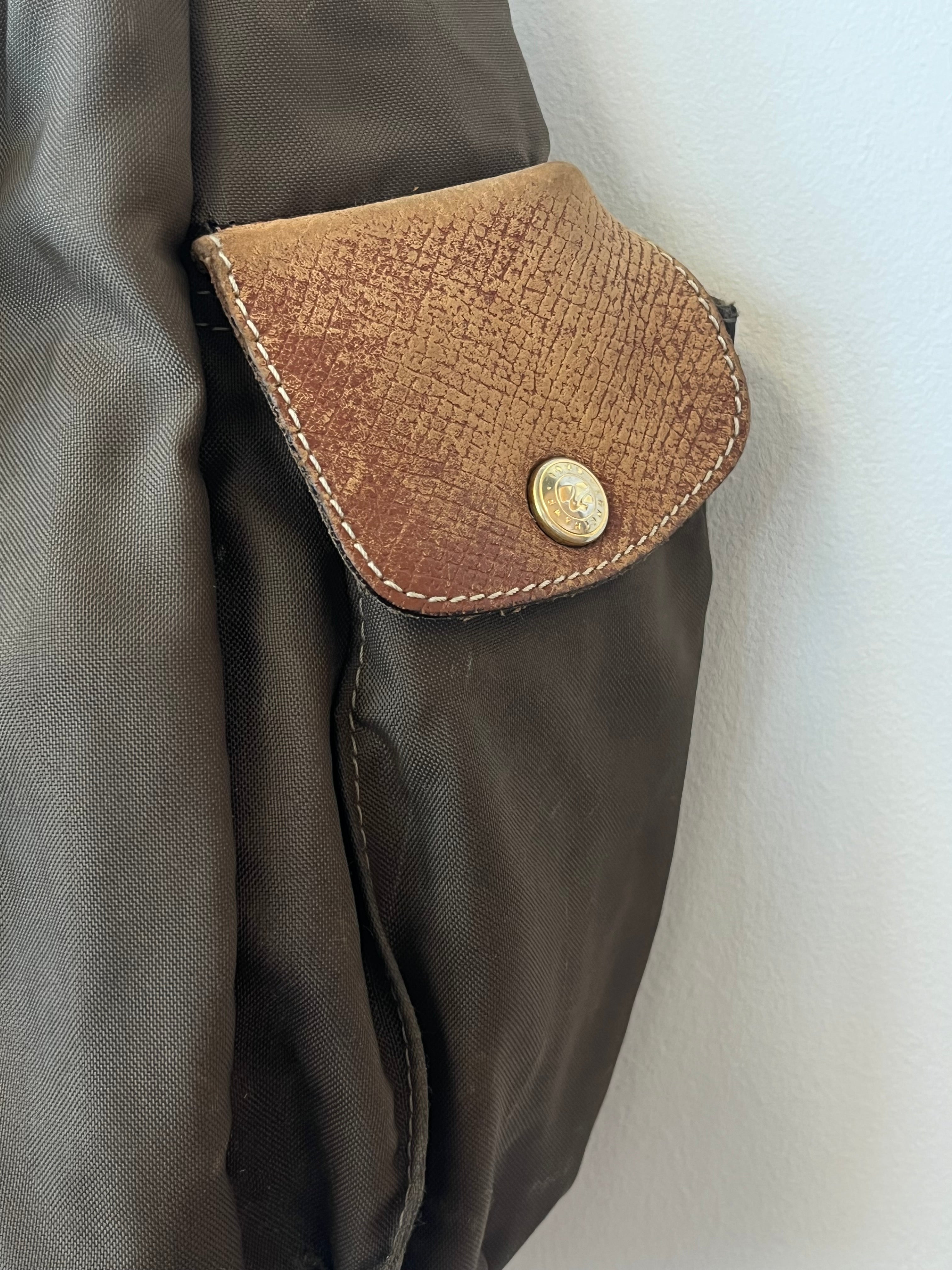 Longchamp Le Pliage Hobo/Crossbody, Medium, Nylon, Khaki/Cognac, Used Condition