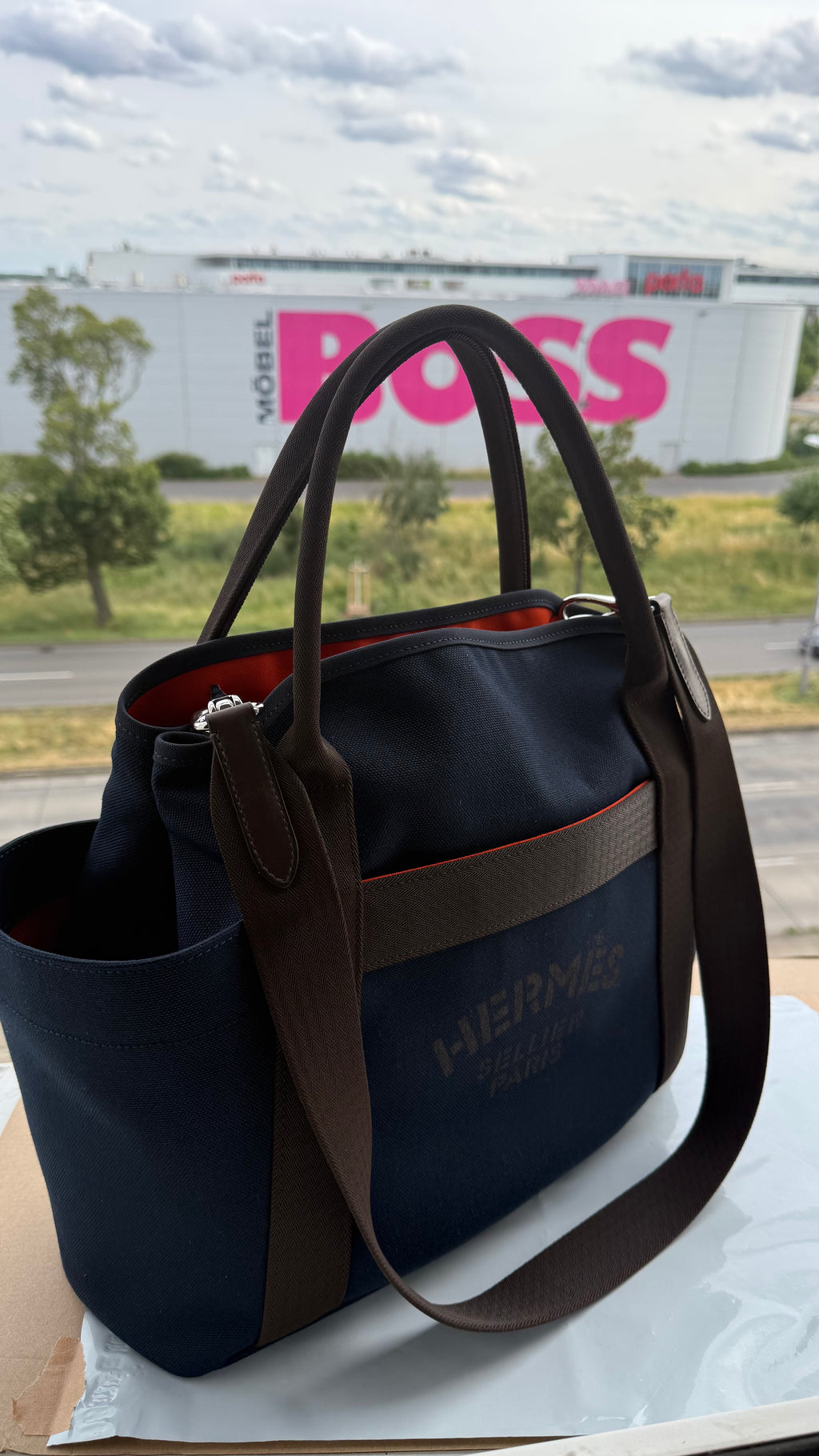 Hermès Sac de Pansage Groom Medium Canvas Navy/Braun mit Riemen, sehr gut