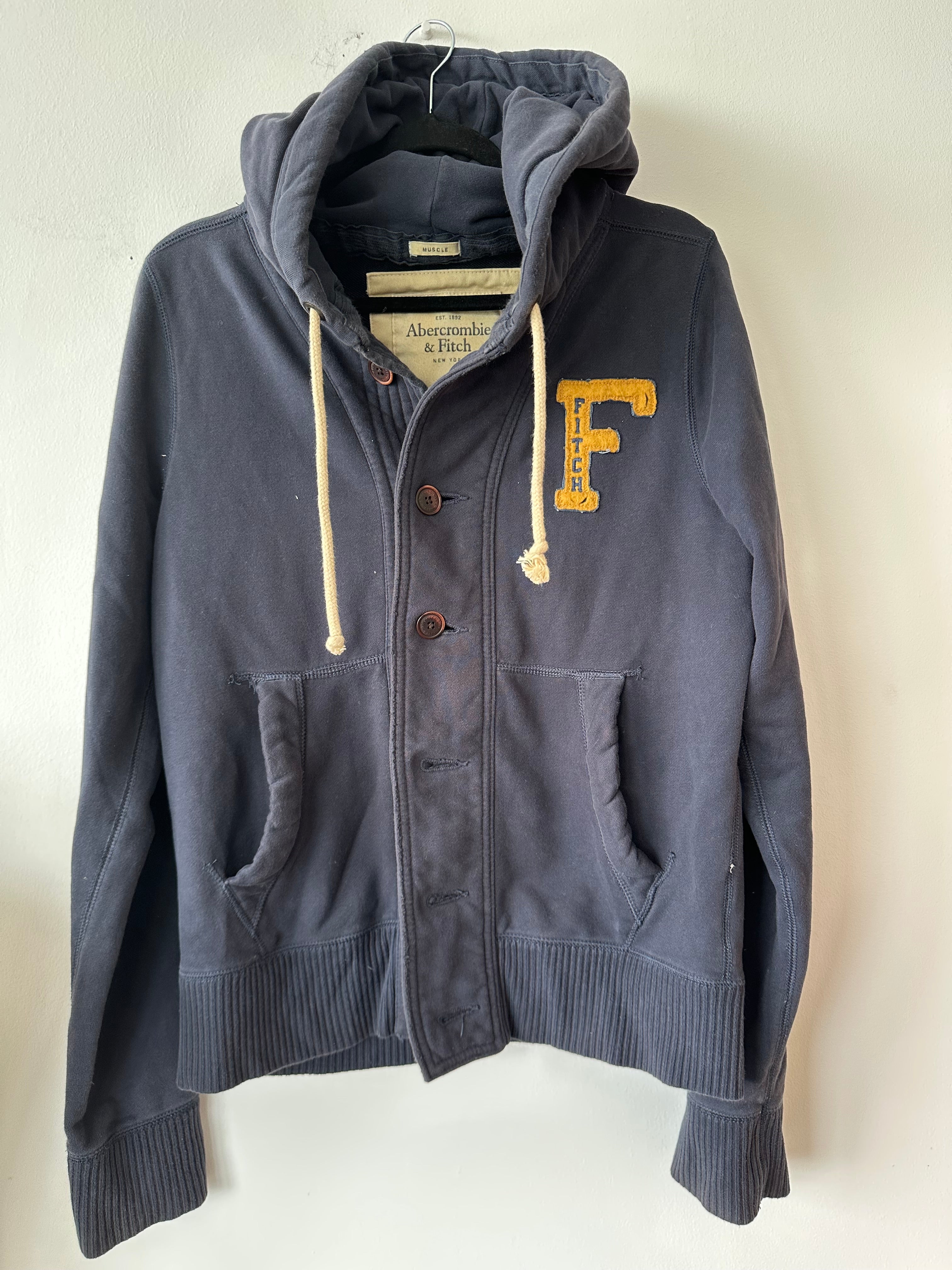Abercrombie & Fitch Navy Button-Up Hoodie Jacke L MUSCLE, guter Zustand