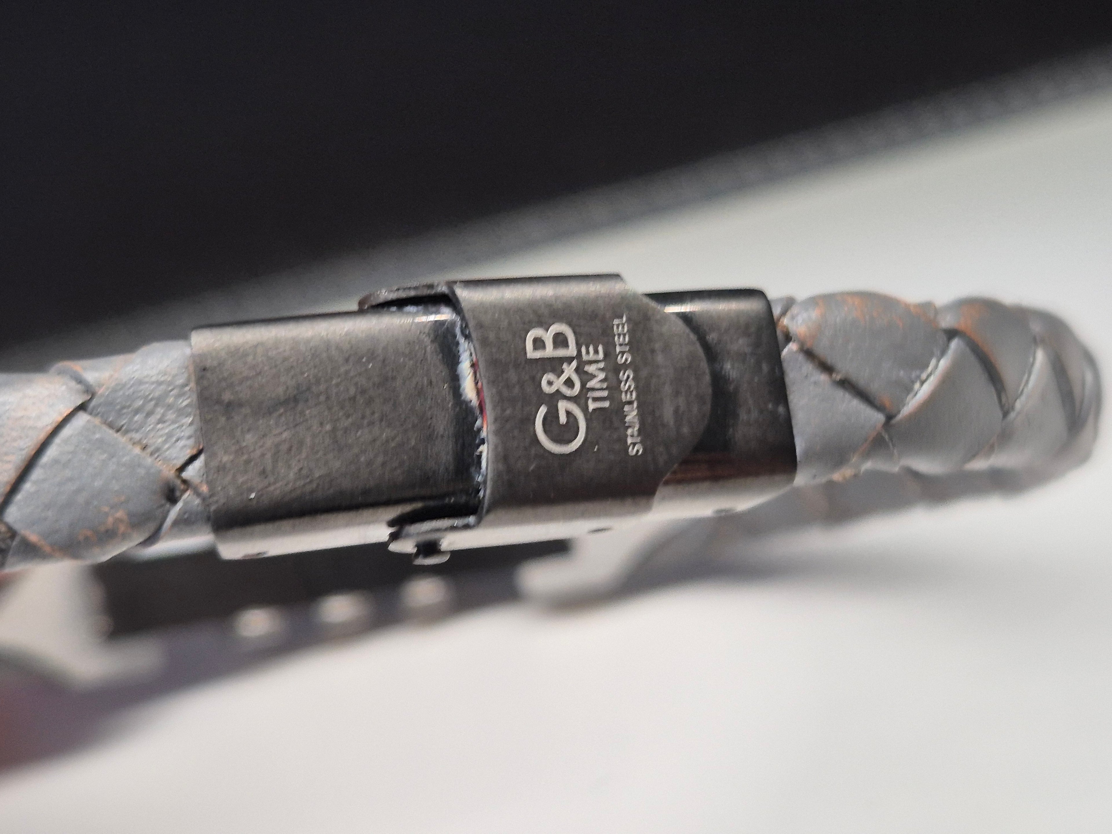 G&B Men's Leather Bracelet – Braided Gray, Stainless Steel Clasp, Good Condition