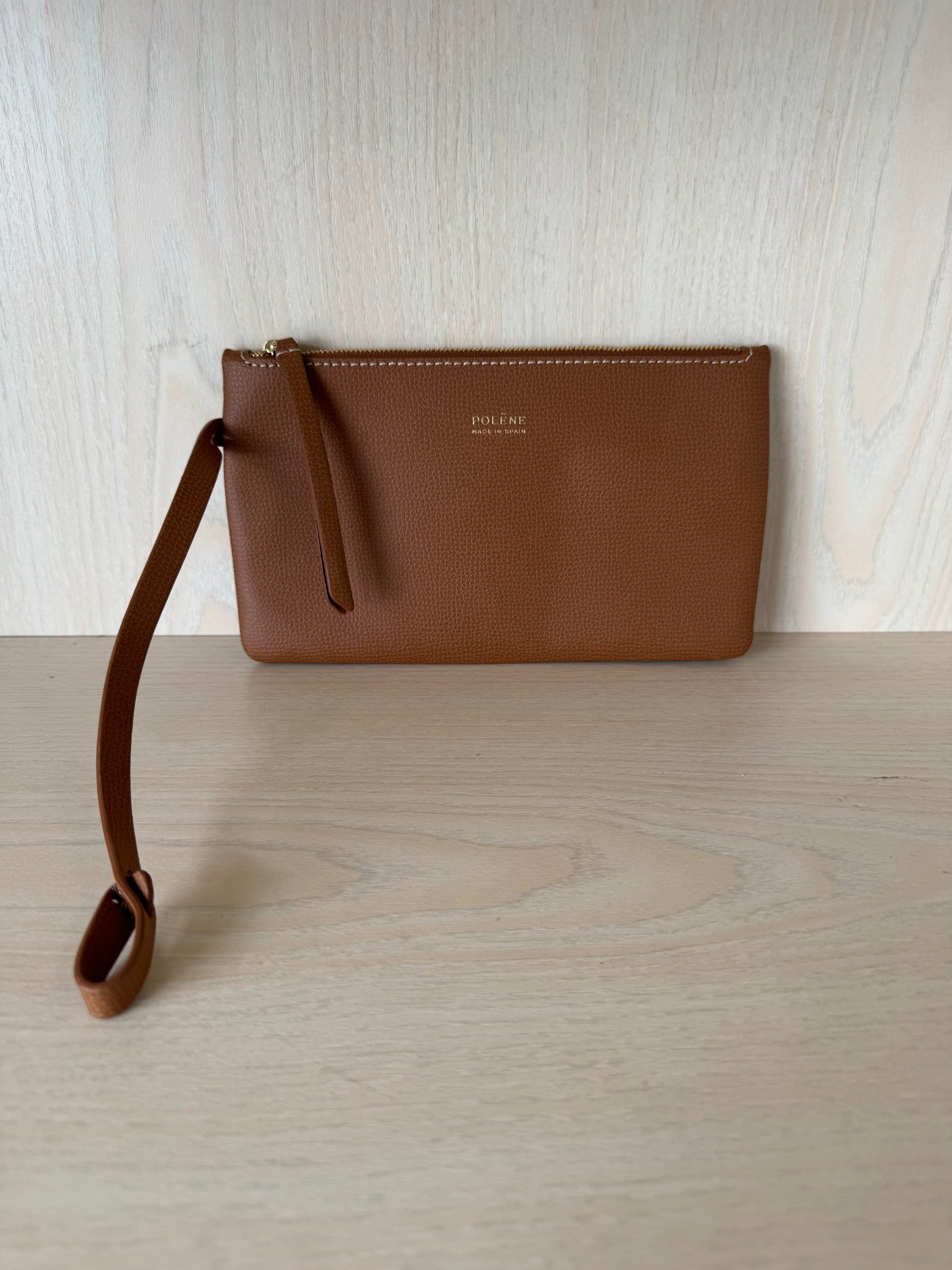 Polène Paris Zip Wallet Pouch, genarbtes Kalbsleder, cognac, guter Zustand