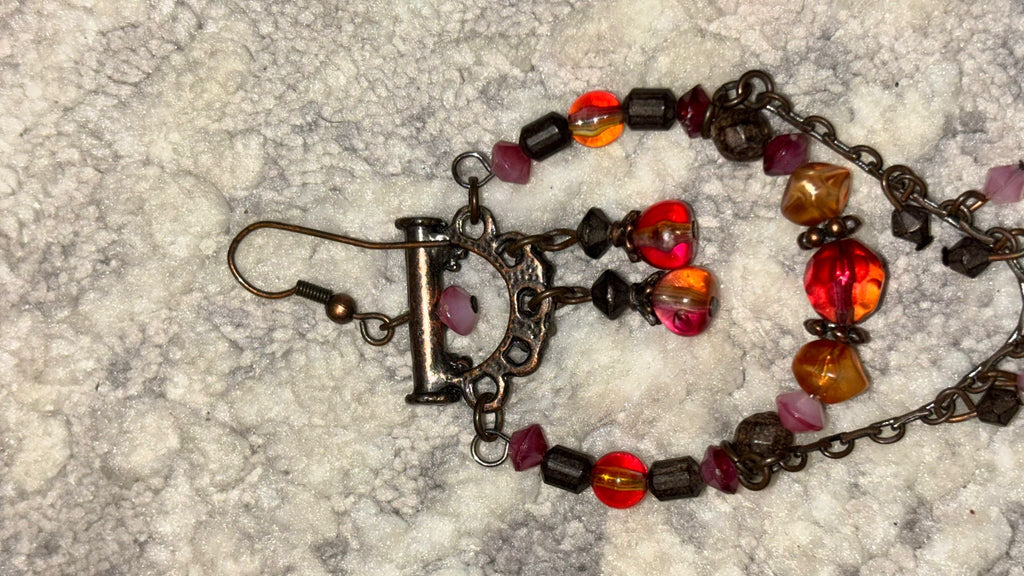 Boho Chandelier Earrings, Bronze, Ruby Red & Orange Glass Beads, 5cm, Good