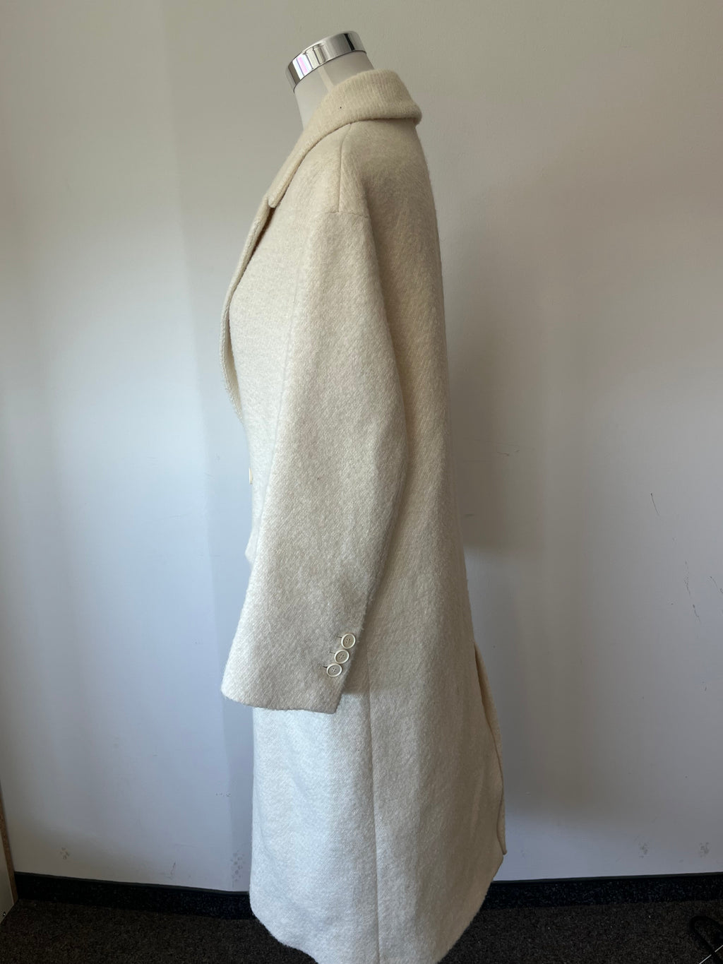 Zara Wool Blend Double-Breasted Coat, Ecru White, Size M, Poor Condition
