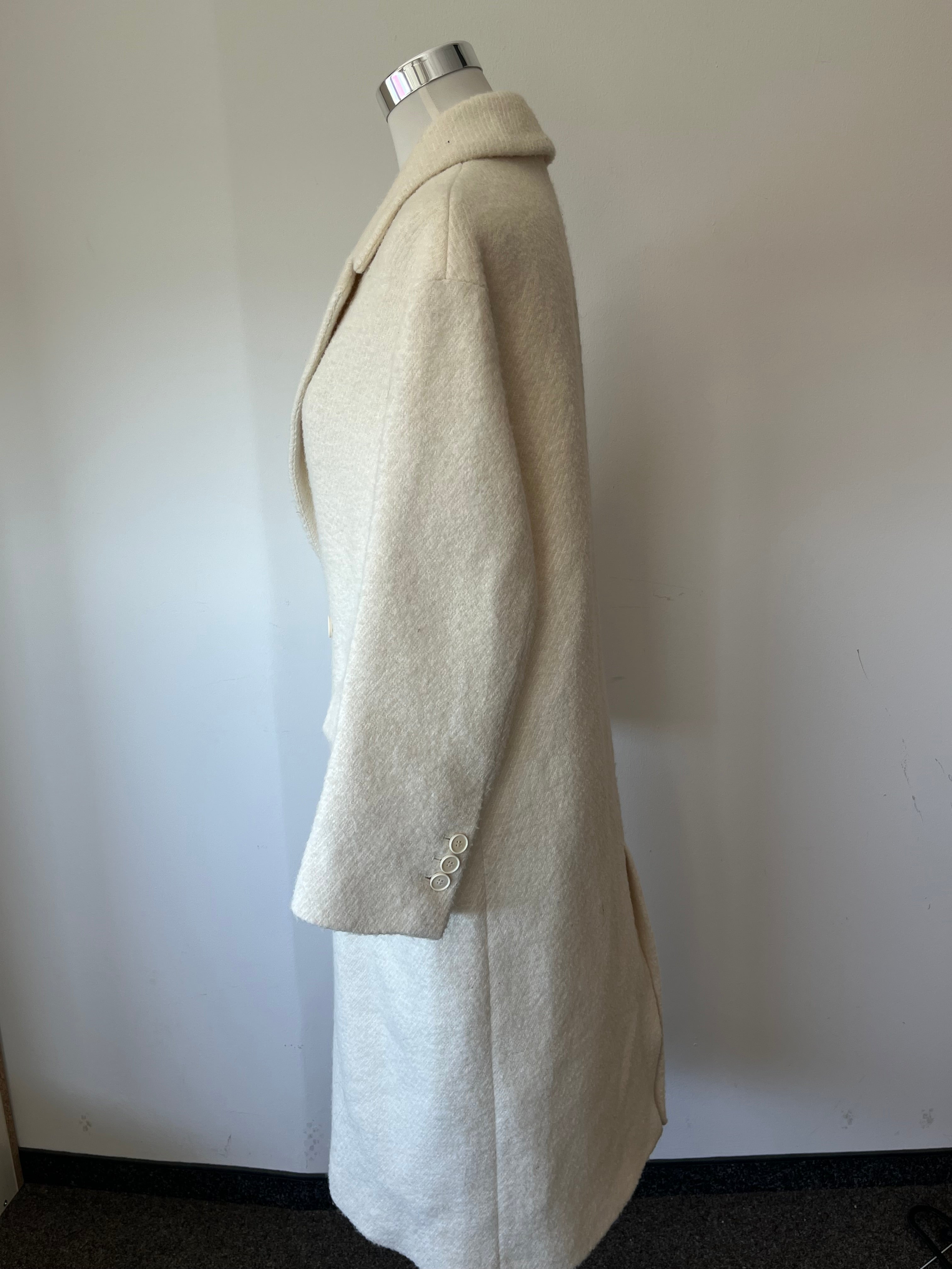 Zara Wool Blend Double-Breasted Coat, Ecru White, Size M, Poor Condition