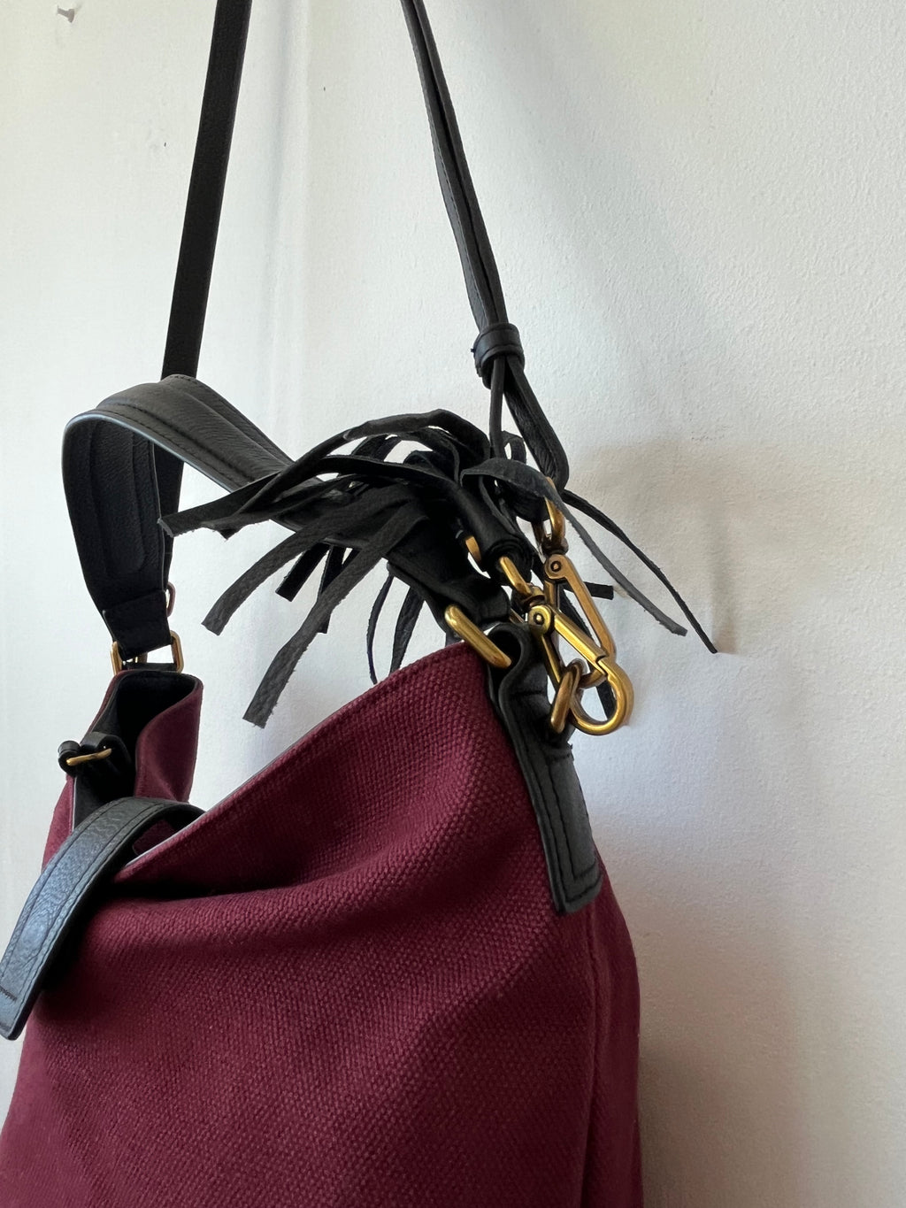 Marc O’Polo Schultertasche Canvas & Leder, bordeaux, Medium, sehr guter Zustand