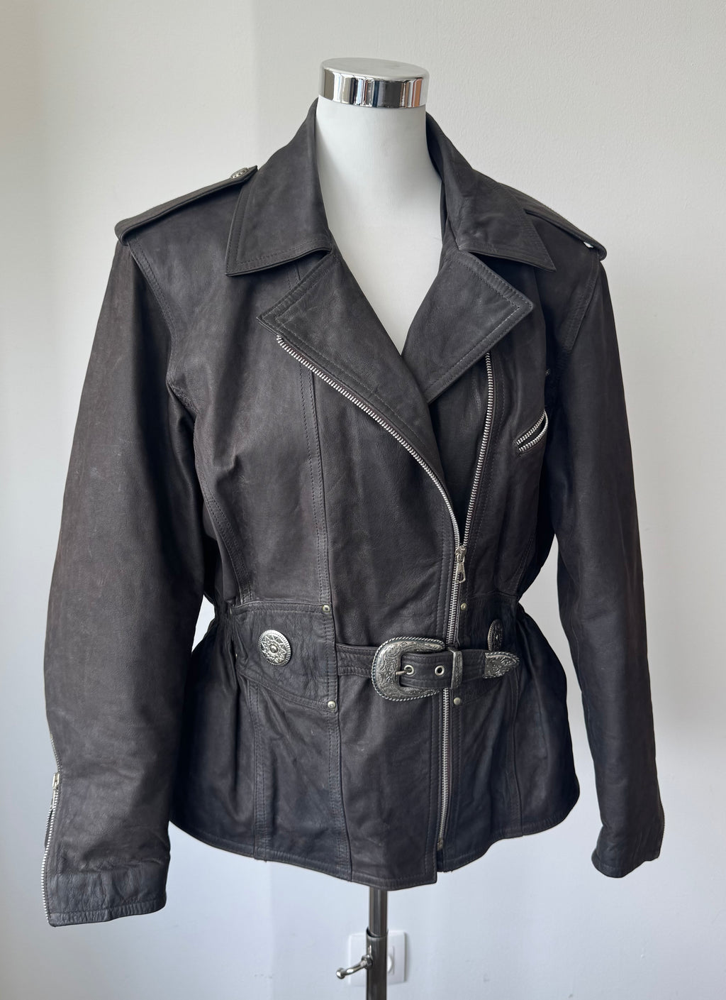 MPR Italian Leather Prize Biker Jacket Dark Brown Cowhide Men's Medium Good