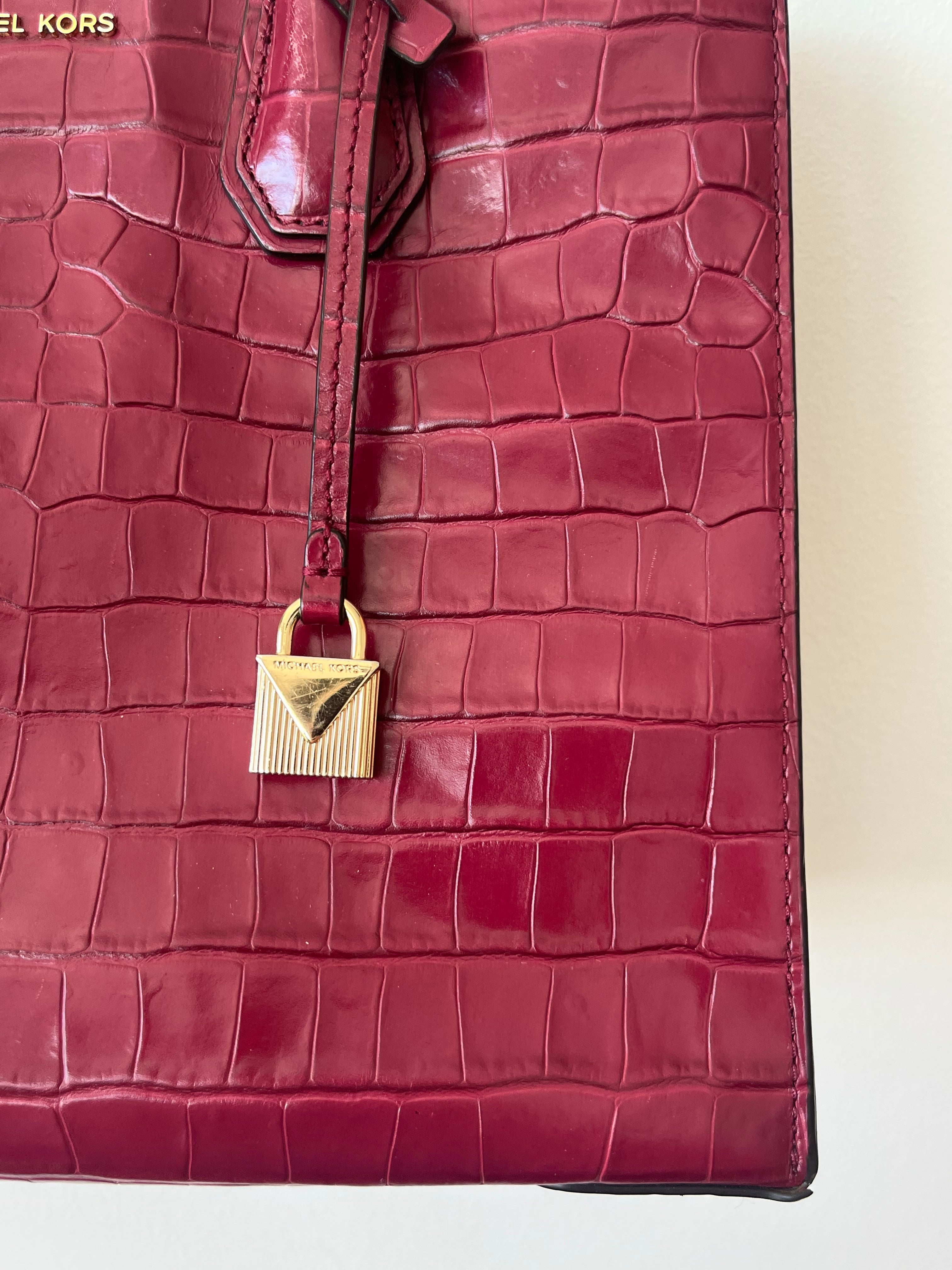 Michael Kors Mercer Croc-Embossed Tote Medium Burgundy – Good Condition