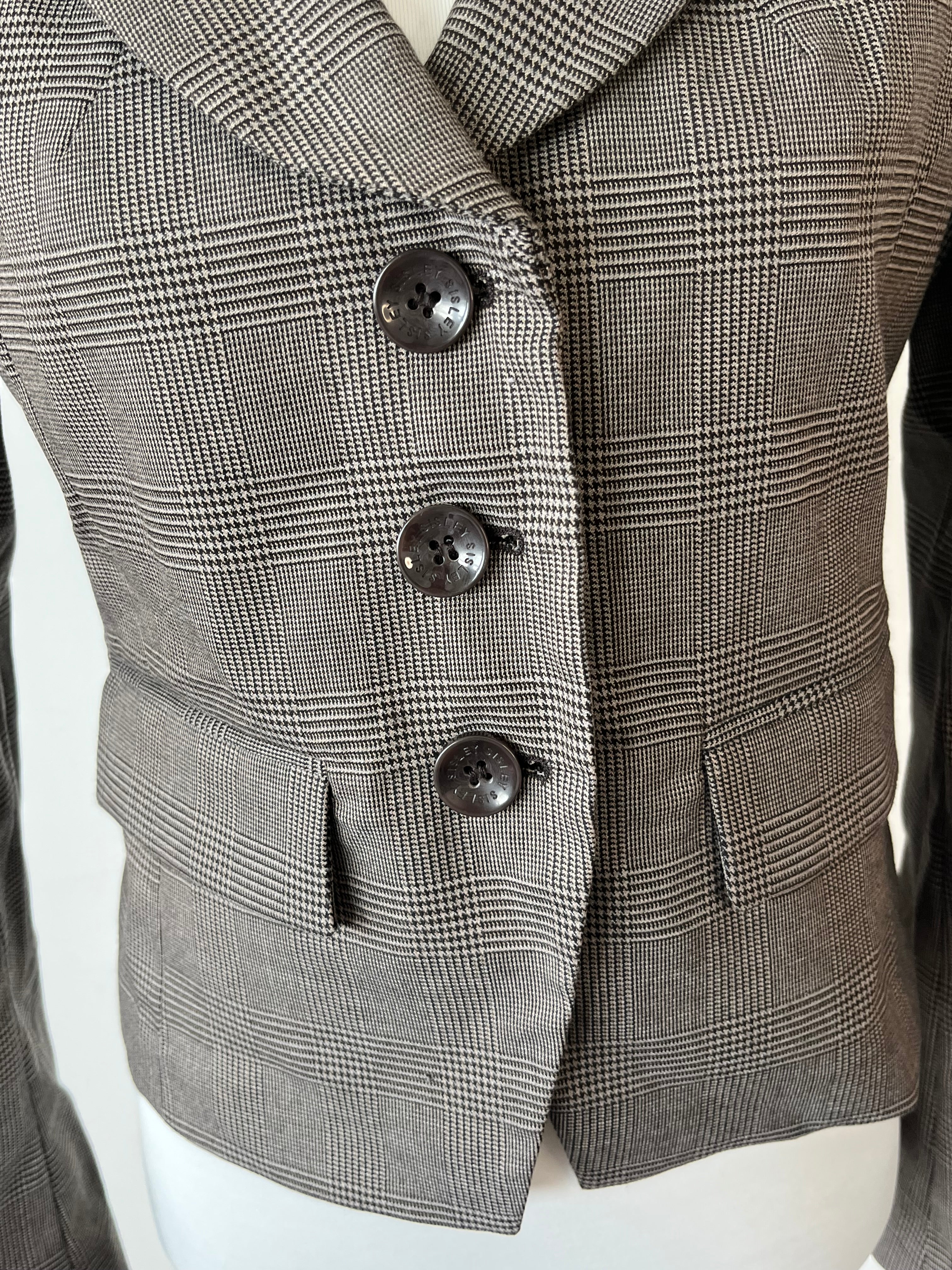 Sisley Blazer IT42 – Glencheck & Kunstleder, Zustand: Mangelhaft, Grau/Schwarz