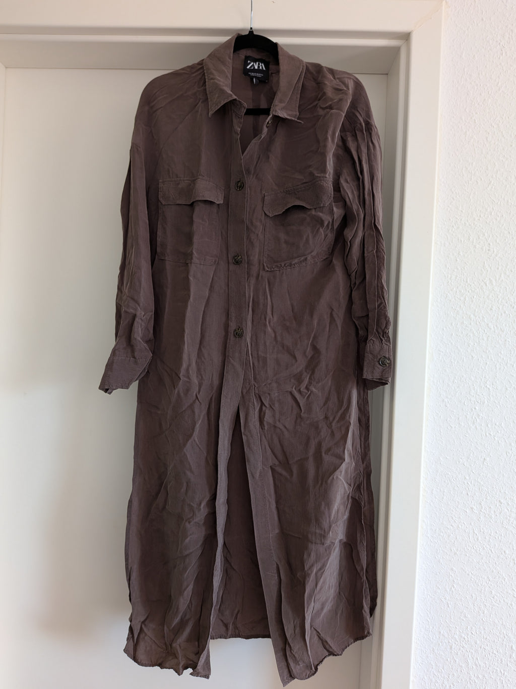 ZARA Button Front Duster Shirt Dress, Chocolate Brown, Size S, Very Good